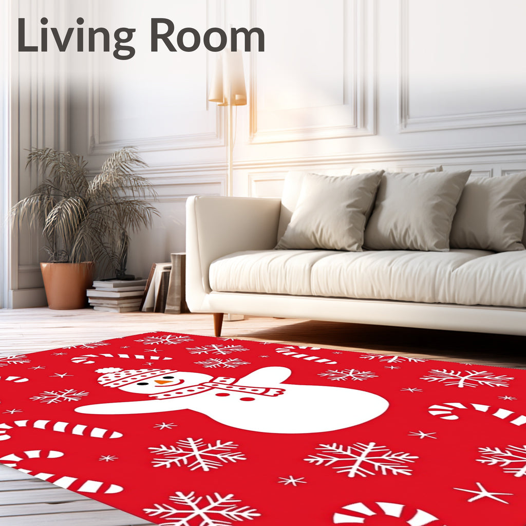 Festive Red Snowman Candy Cane Snowflakes Rug