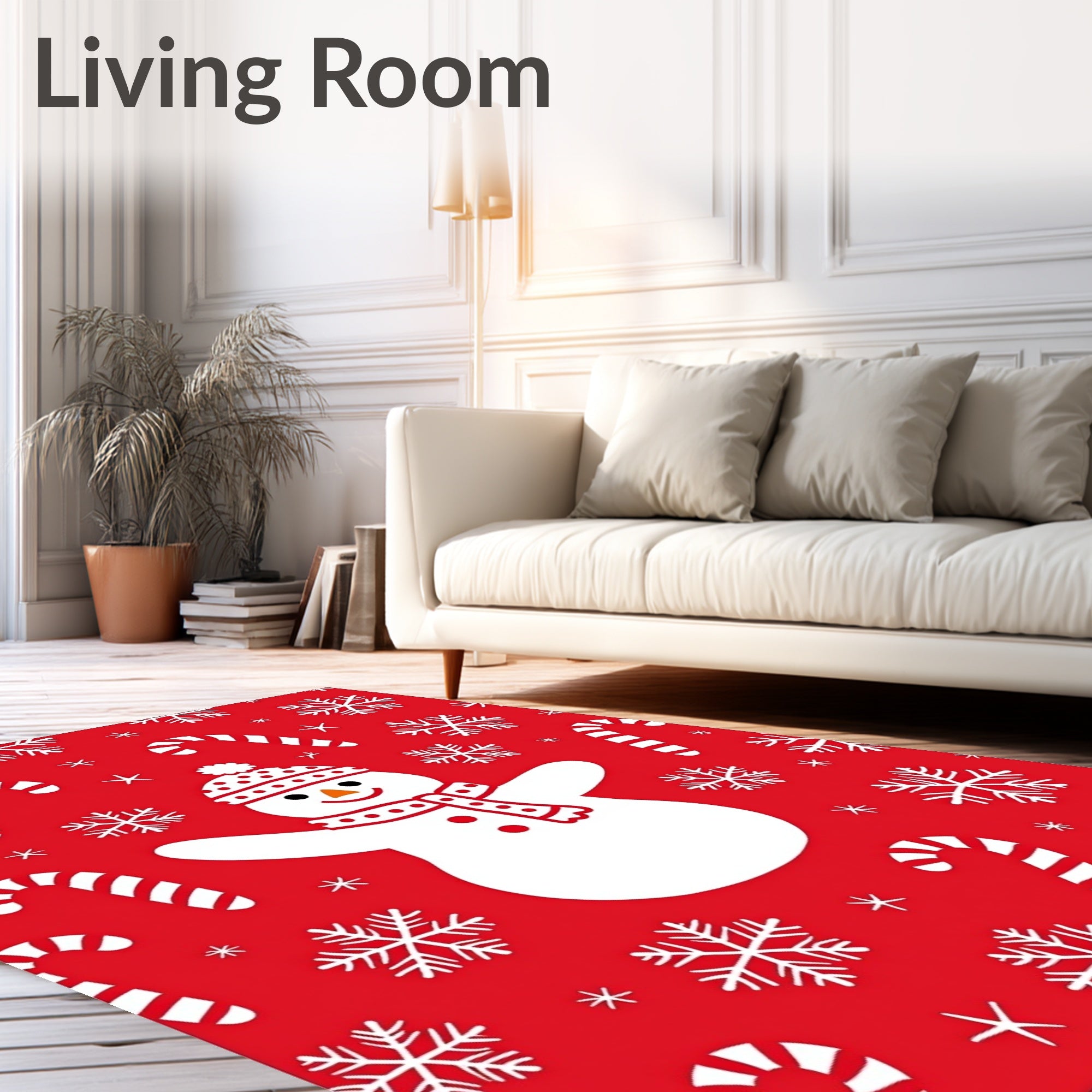 Festive Red Snowman Candy Cane Snowflakes Rug