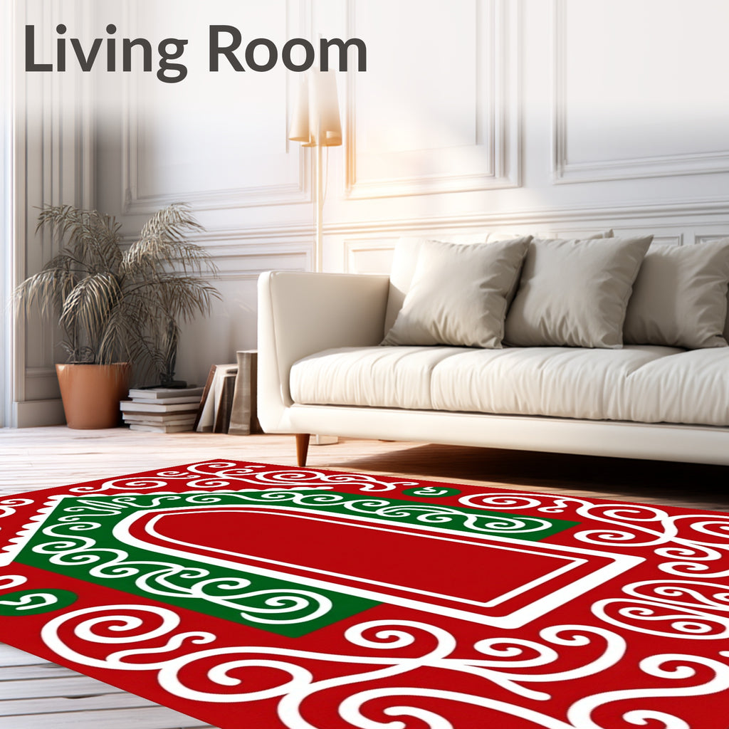Vibrant Red Gingerbread House Swirls Rug