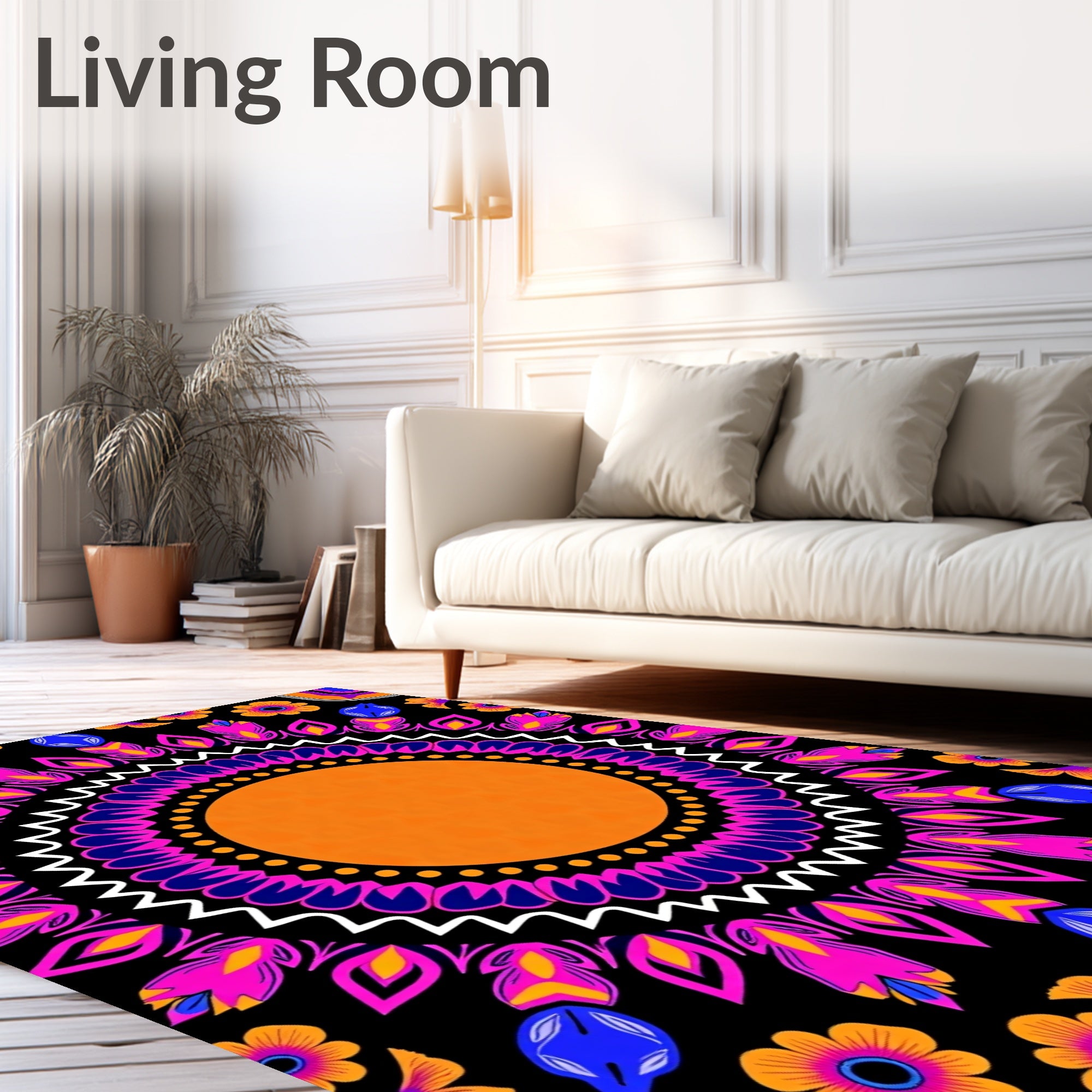 Vibrant Teal Orange Floral Mandala Rug