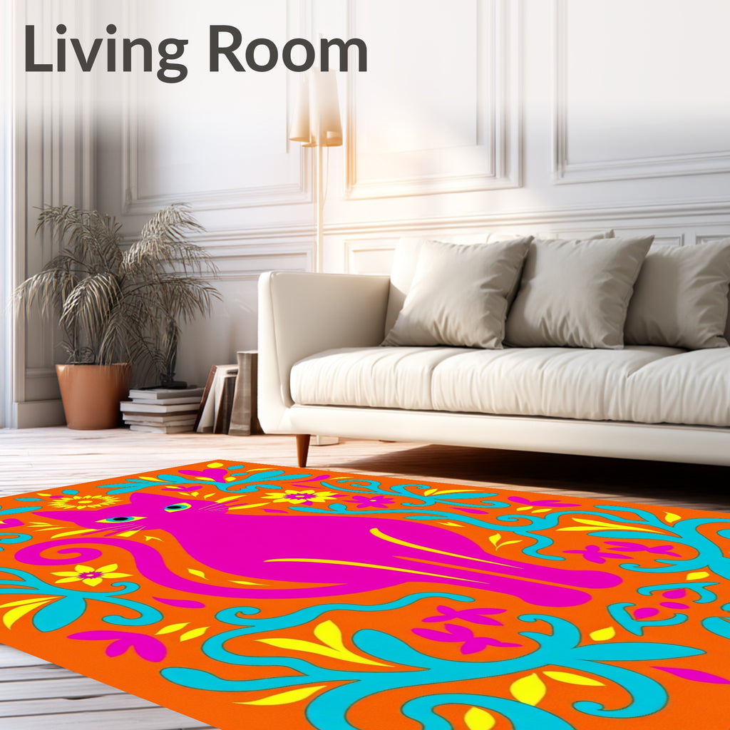 Vibrant Pink Cat Floral Swirls Rug