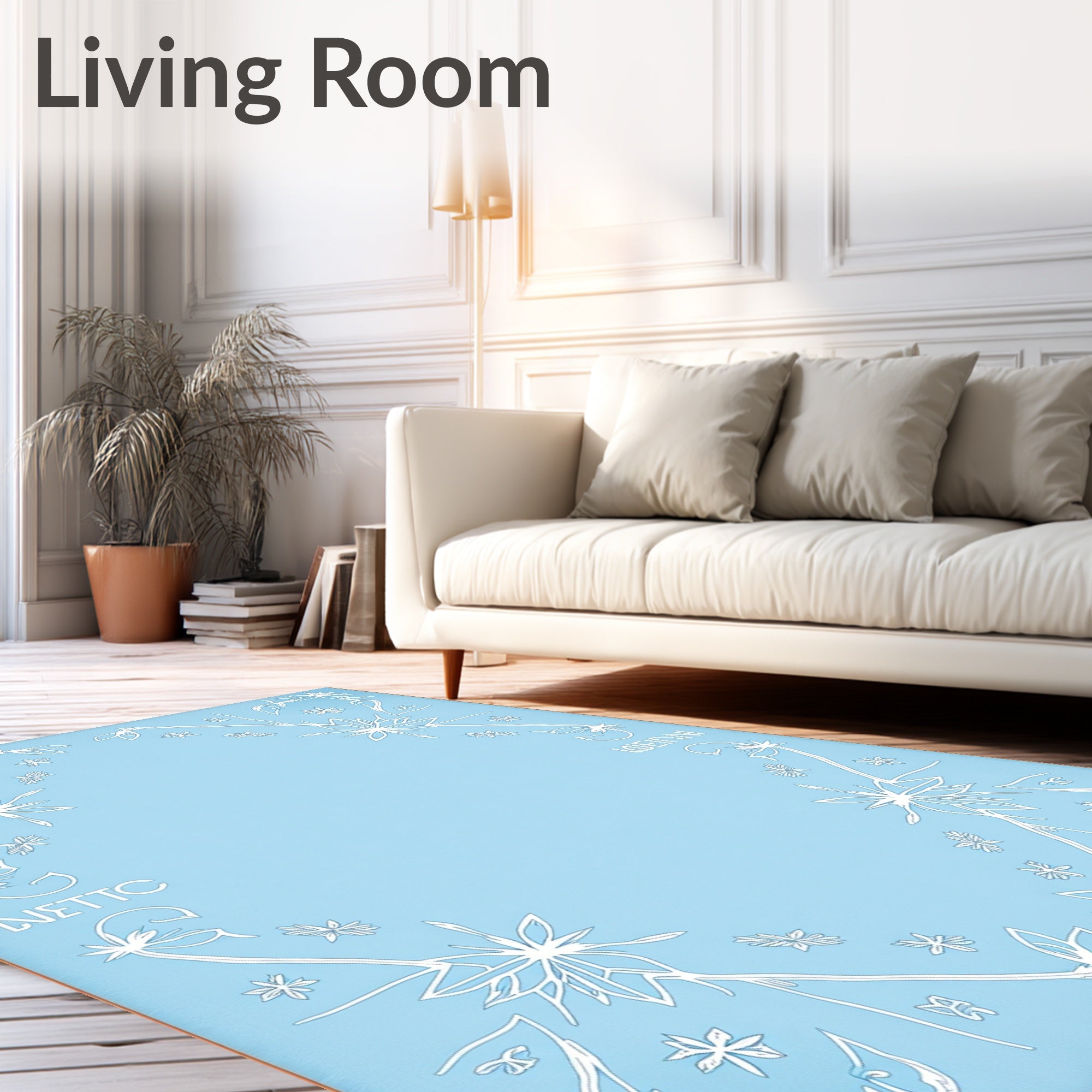 Pale Blue White Outline Floral Arrangement Rug