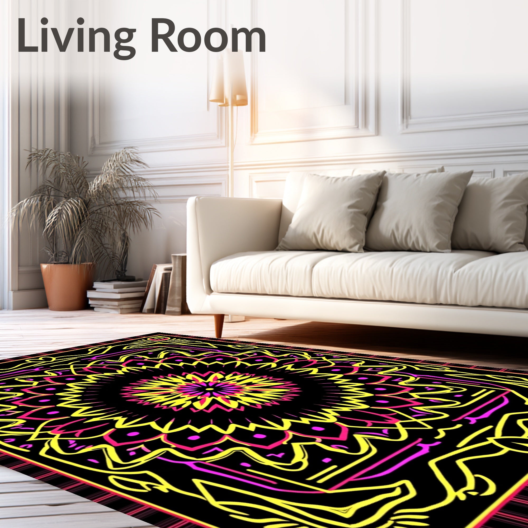 Vibrant Pink Yellow Mandala Symmetry Rug
