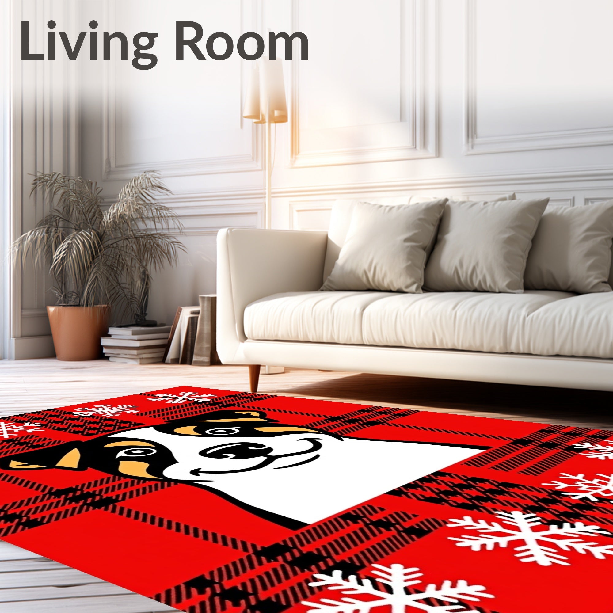 Red Tartan Dog Snowflake Border Rug