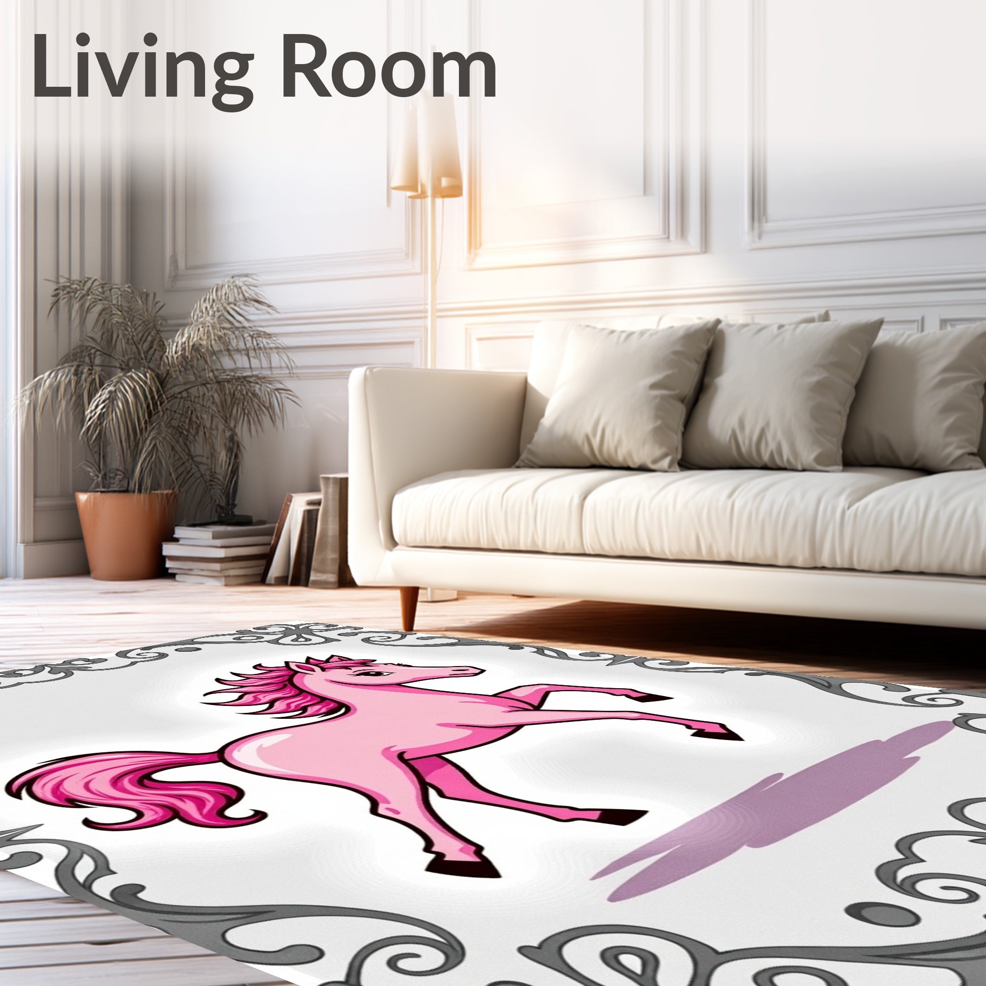 Playful Pink Horse Whimsical Border Rug