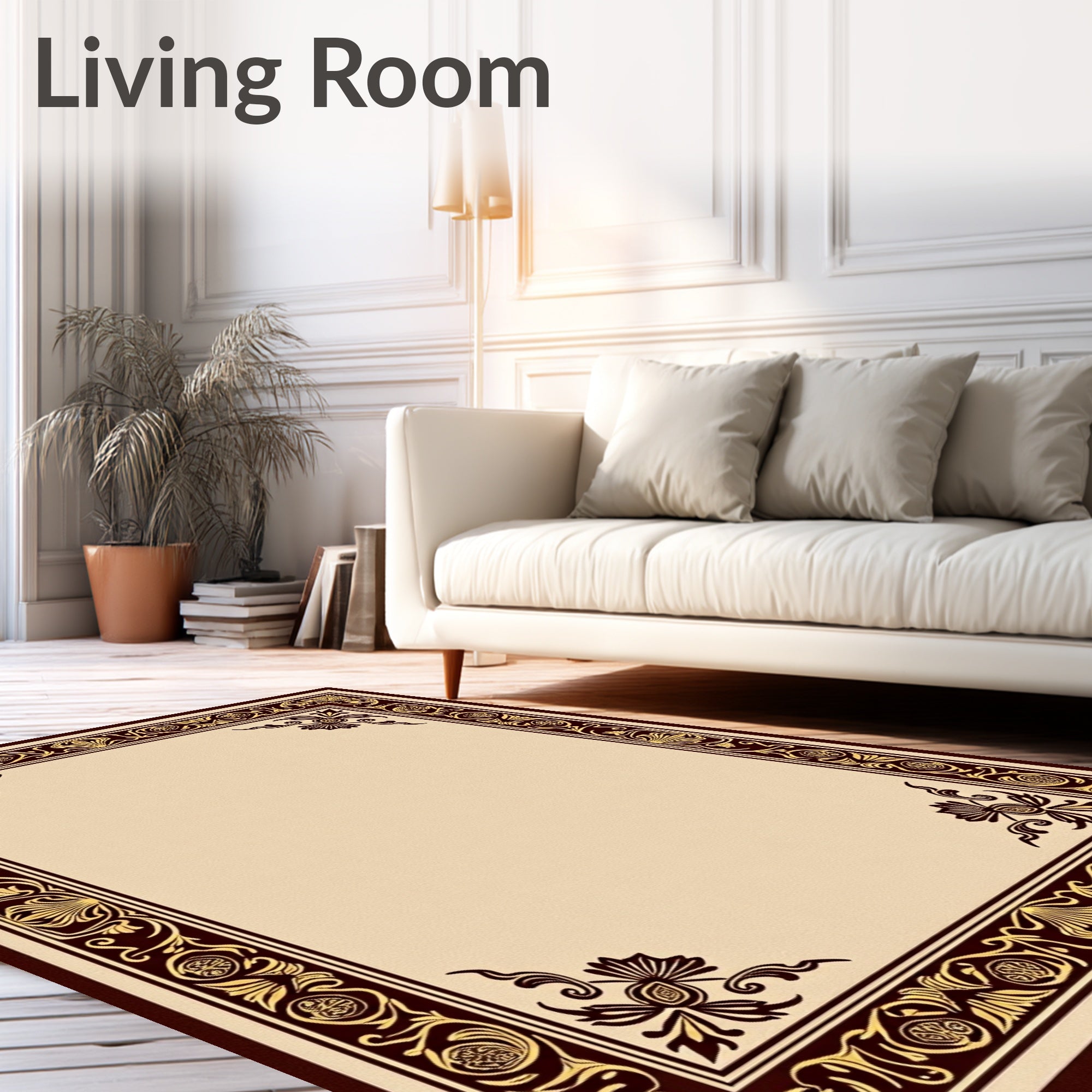 Ornate Burgundy Gold Floral Border Rug