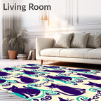 Purple Cats Teal Curls Cream Background Rug
