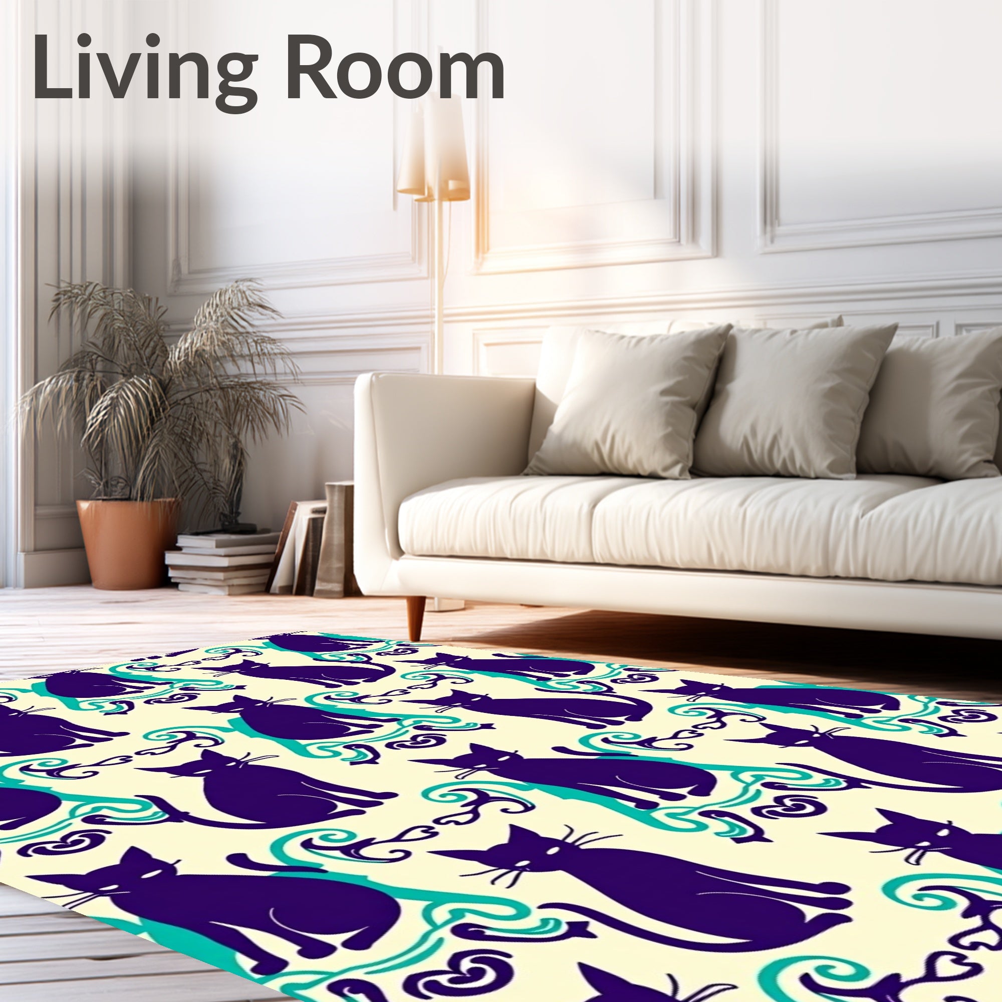 Purple Cats Teal Curls Cream Background Rug