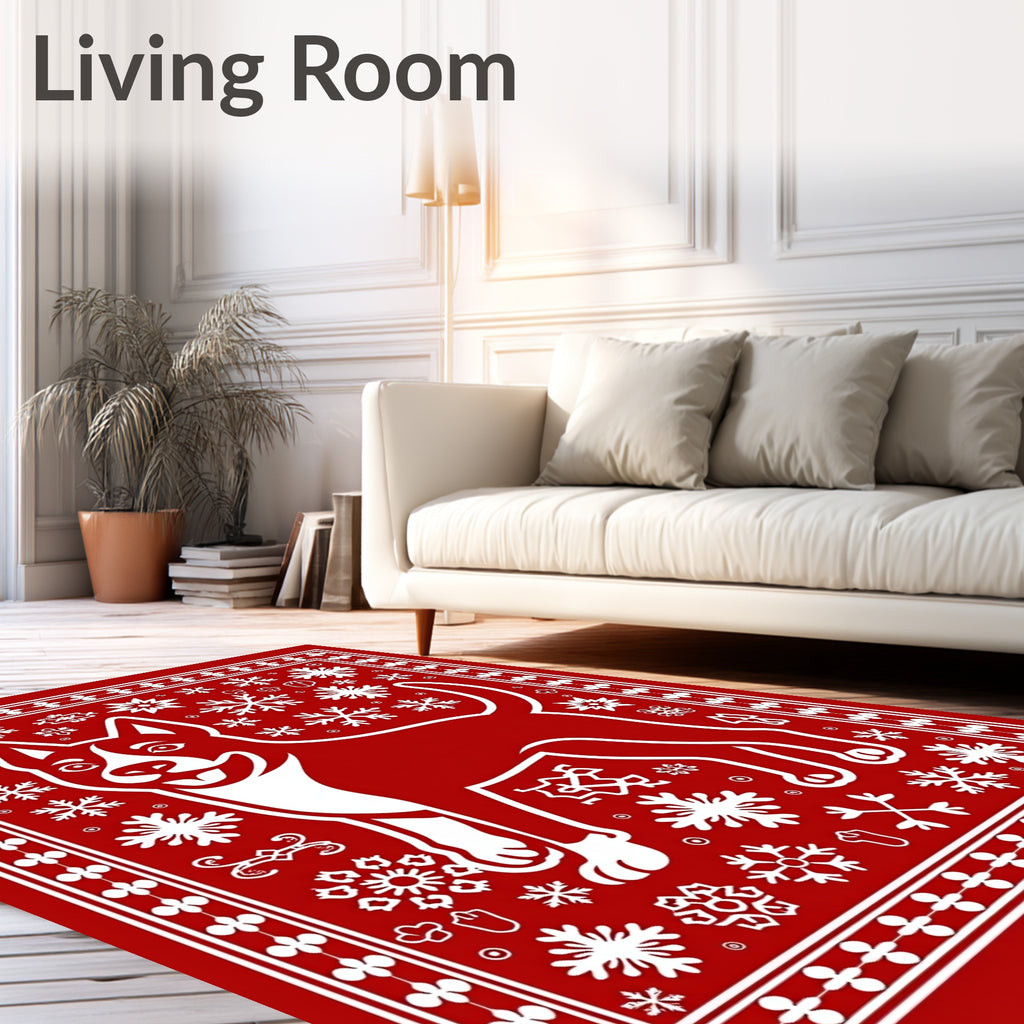 Red Snowy Dog Snowflake Border Rug
