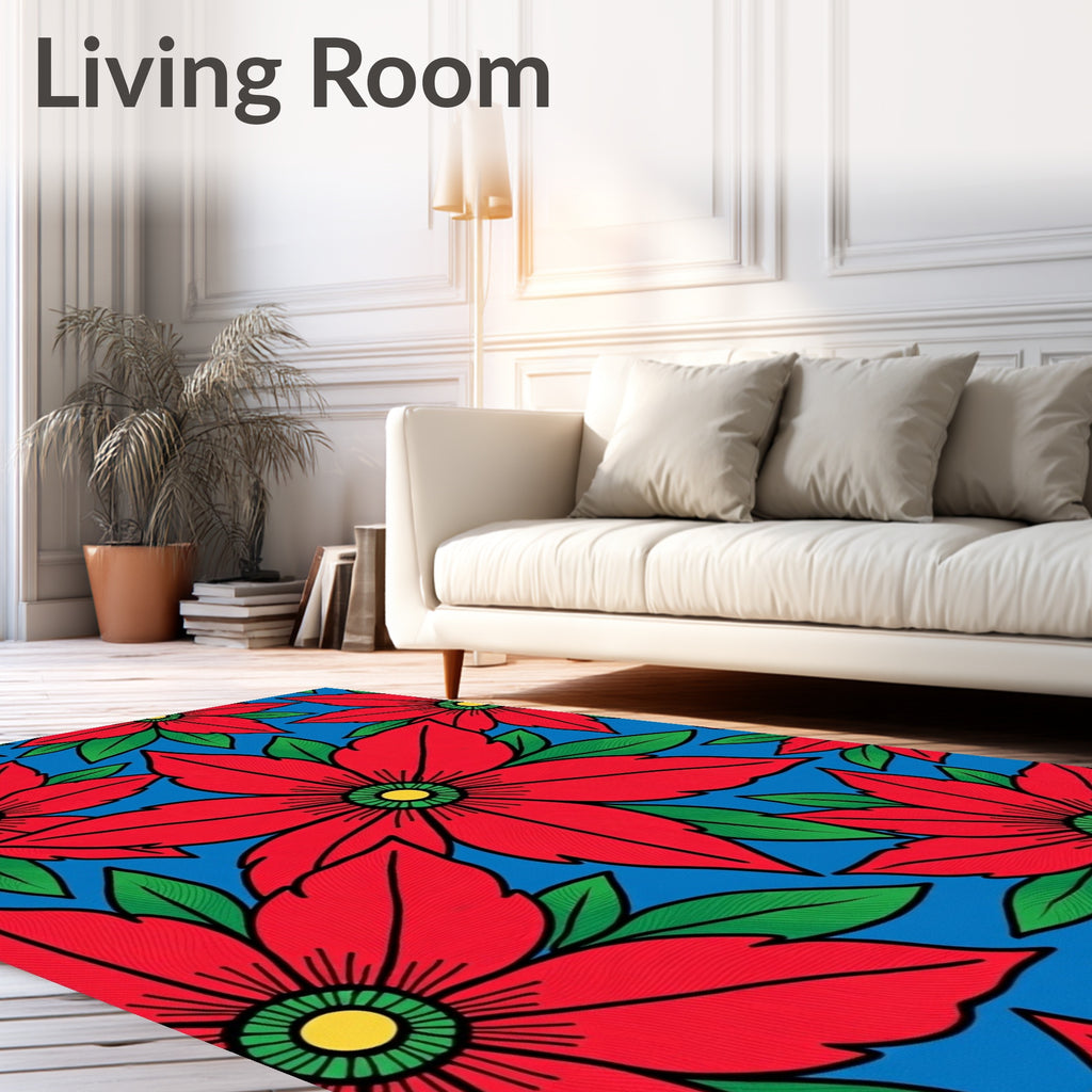 Bright Red Flower Garden Blue Rug
