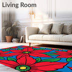 Bright Red Flower Garden Blue Rug