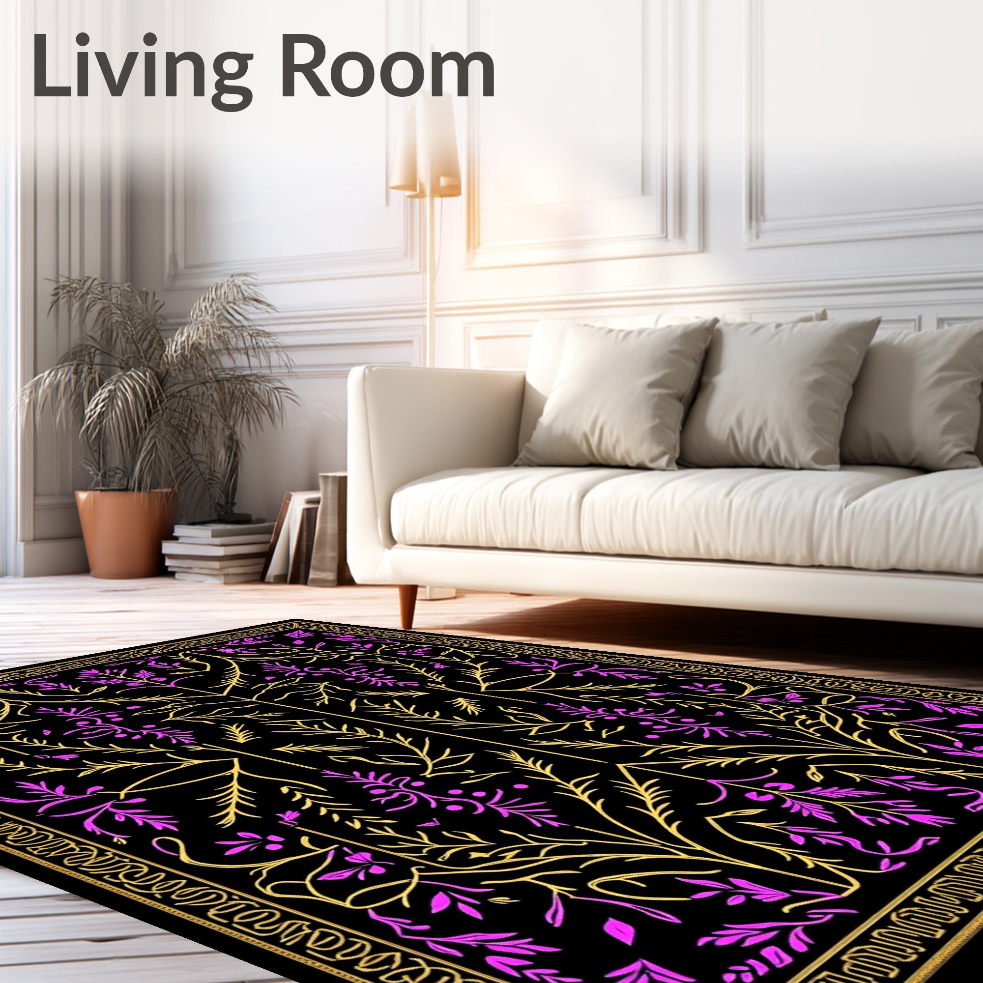 Ornate Gold Magenta Foliage Border Rug
