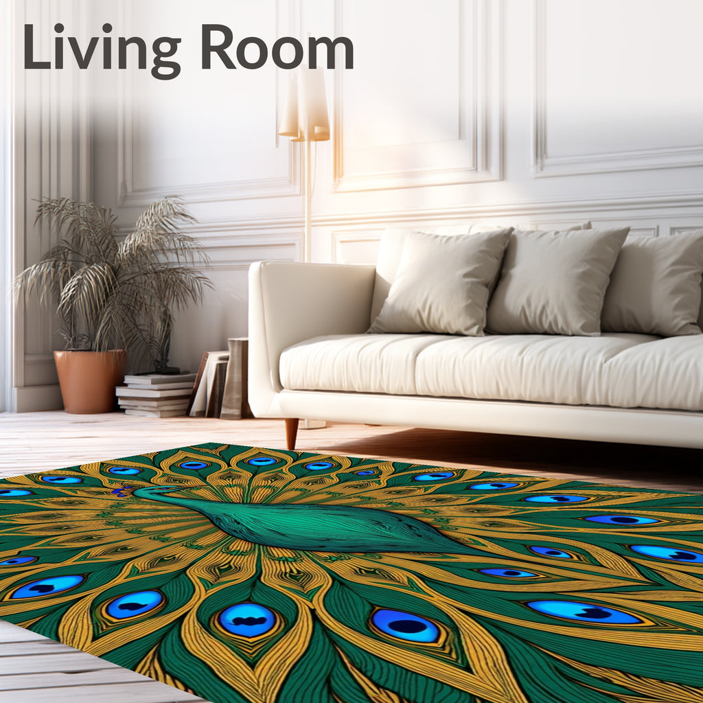 Vibrant Teal Peacock Feather Display Rug