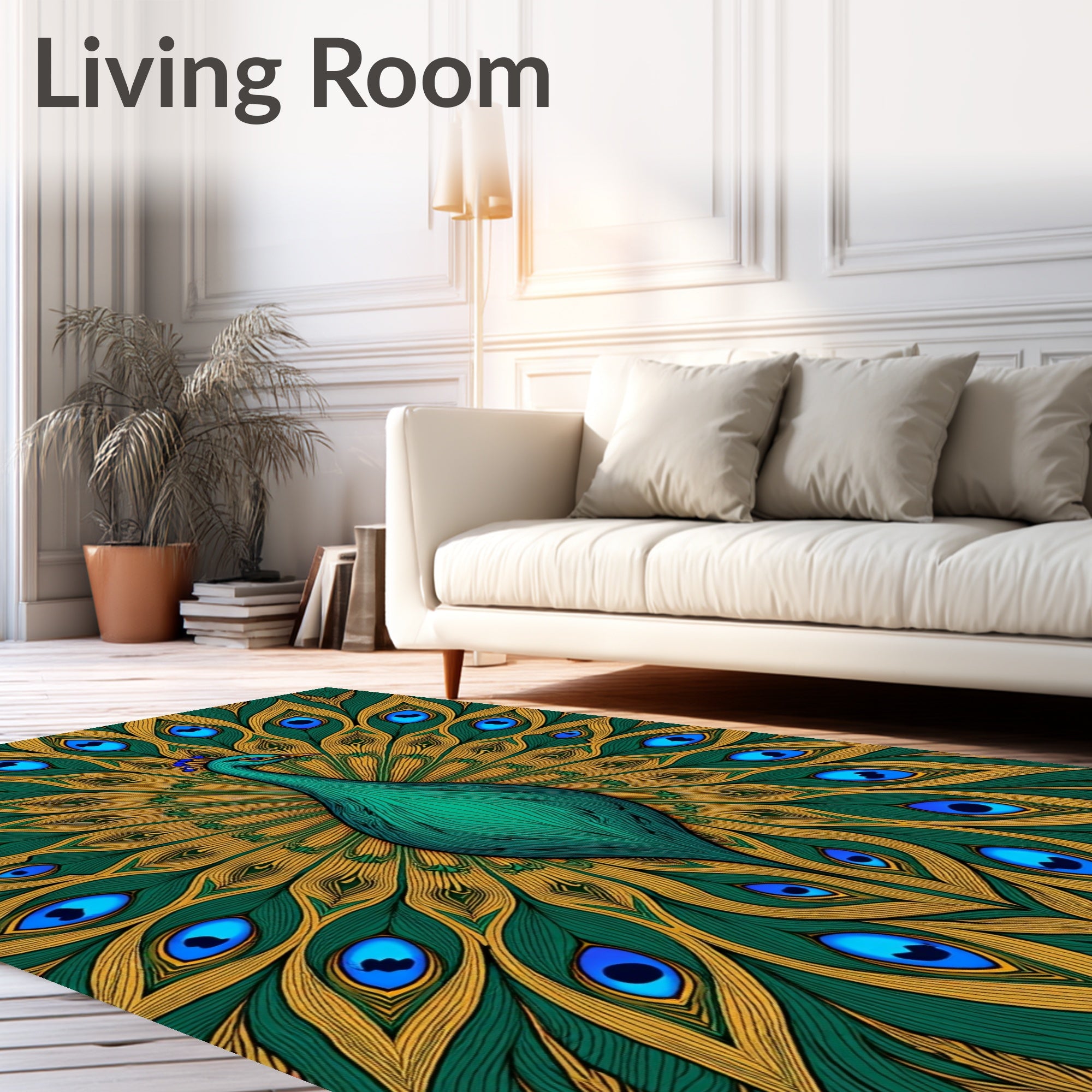 Vibrant Teal Peacock Feather Display Rug