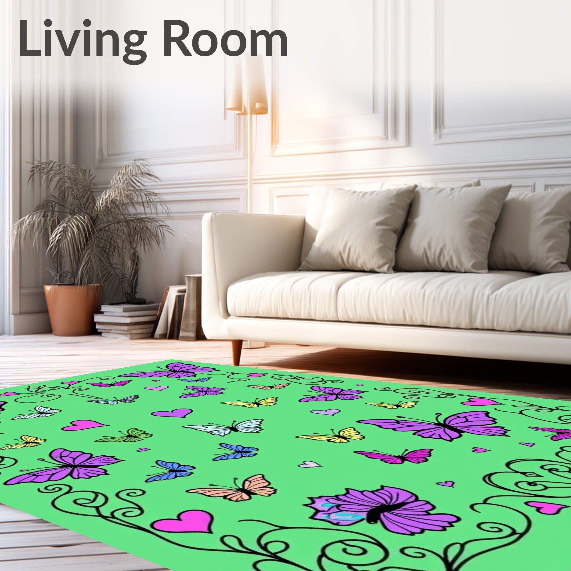 Whimsical Purple Butterfly Heart Border Rug