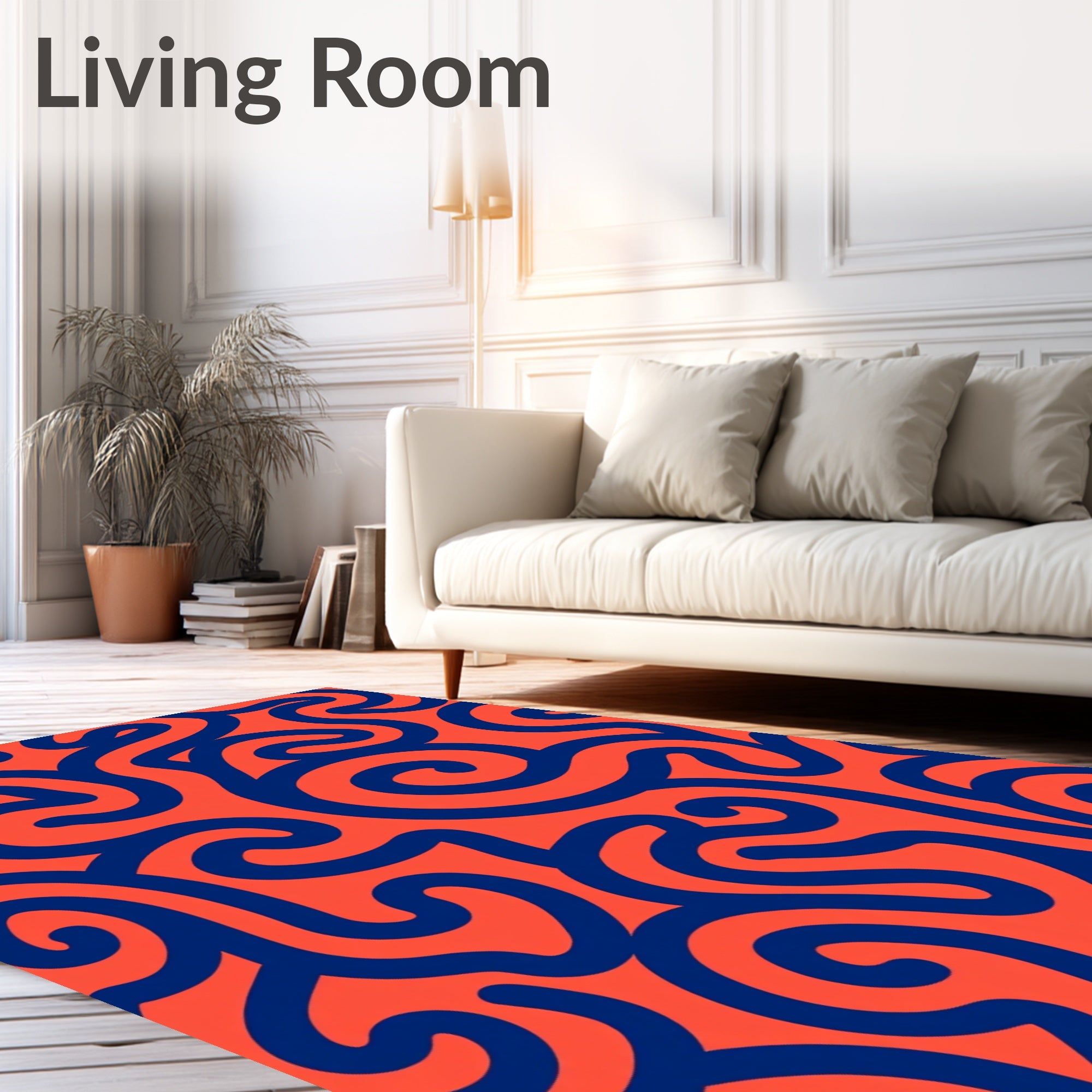 Coral Abstract Swirl Navy Lines Rug