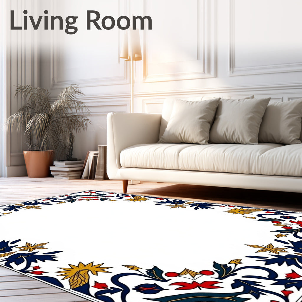 Elegant Navy Red Gold Floral Frame Rug