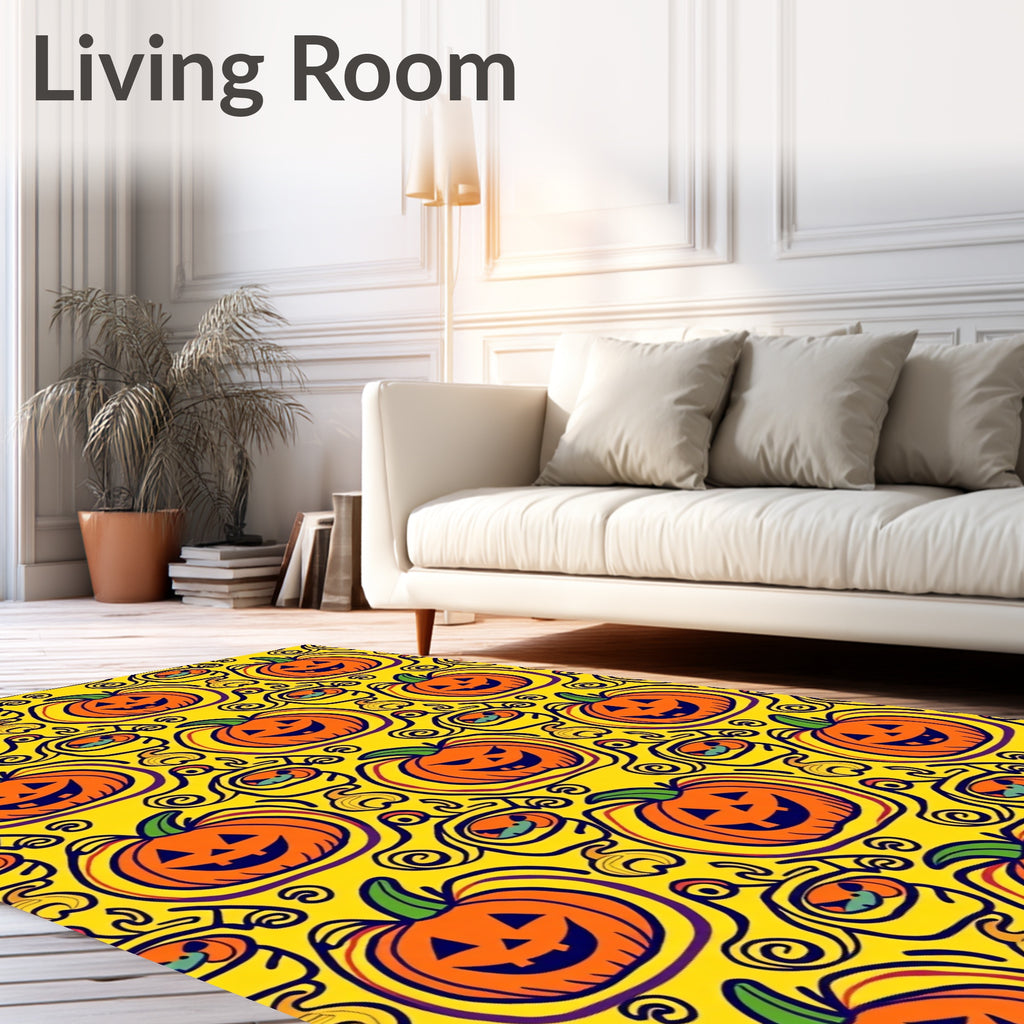 Orange Pumpkin Faces Yellow Swirl Rug