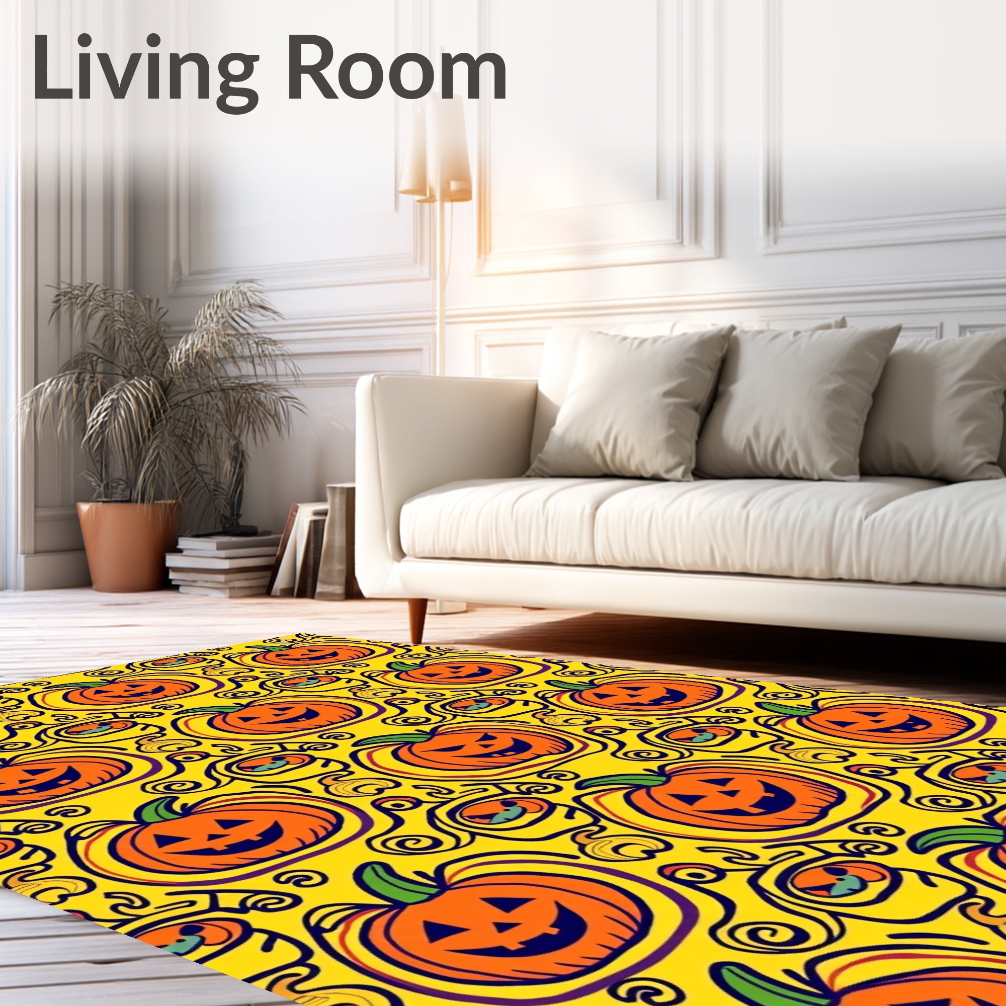 Orange Pumpkin Faces Yellow Swirl Rug