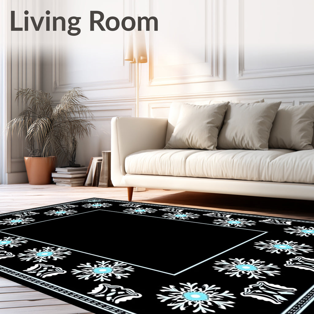 Black White Aqua Snowflake Frame Rug