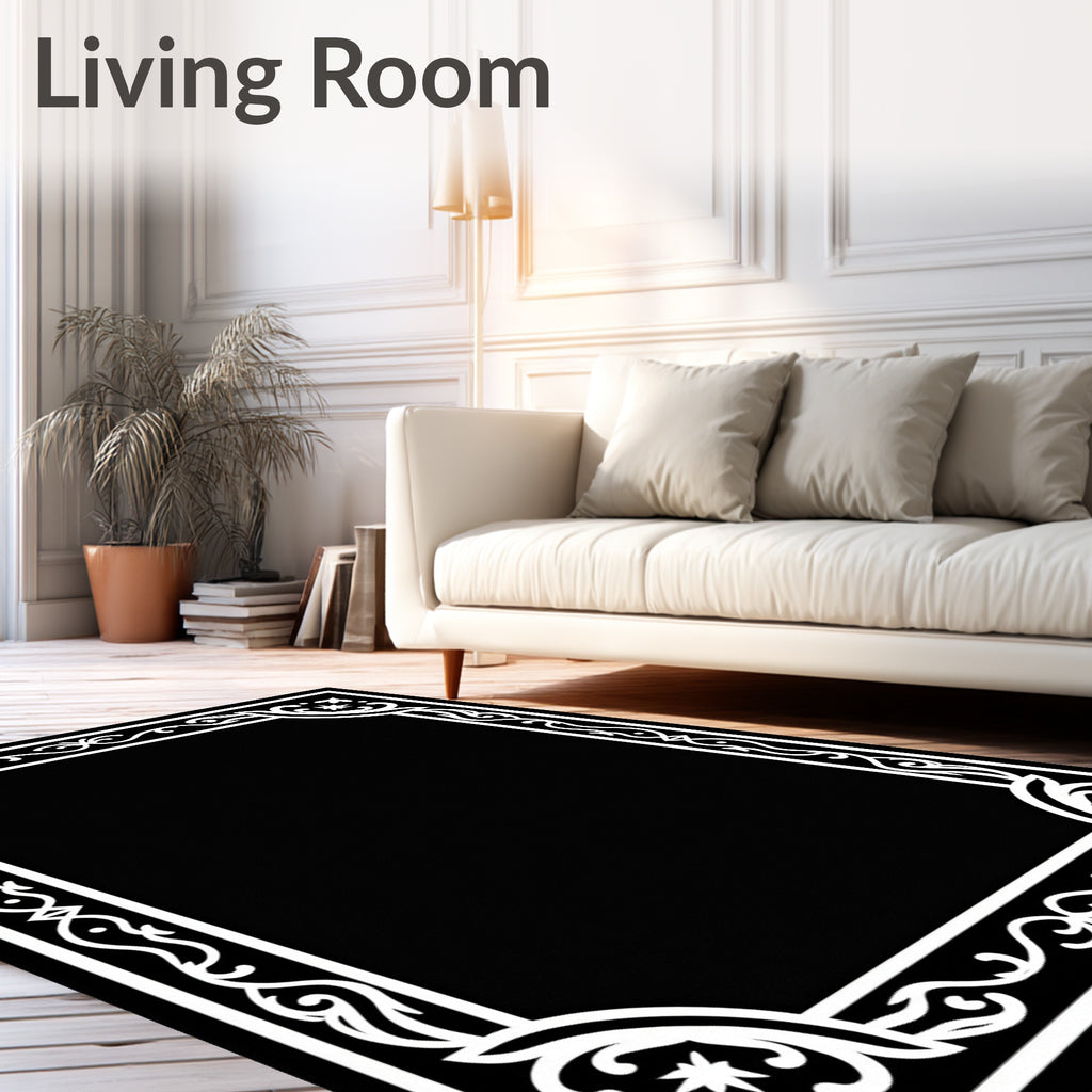 Ornate Black White Floral Frame Rug