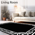 Ornate Black White Floral Frame Rug