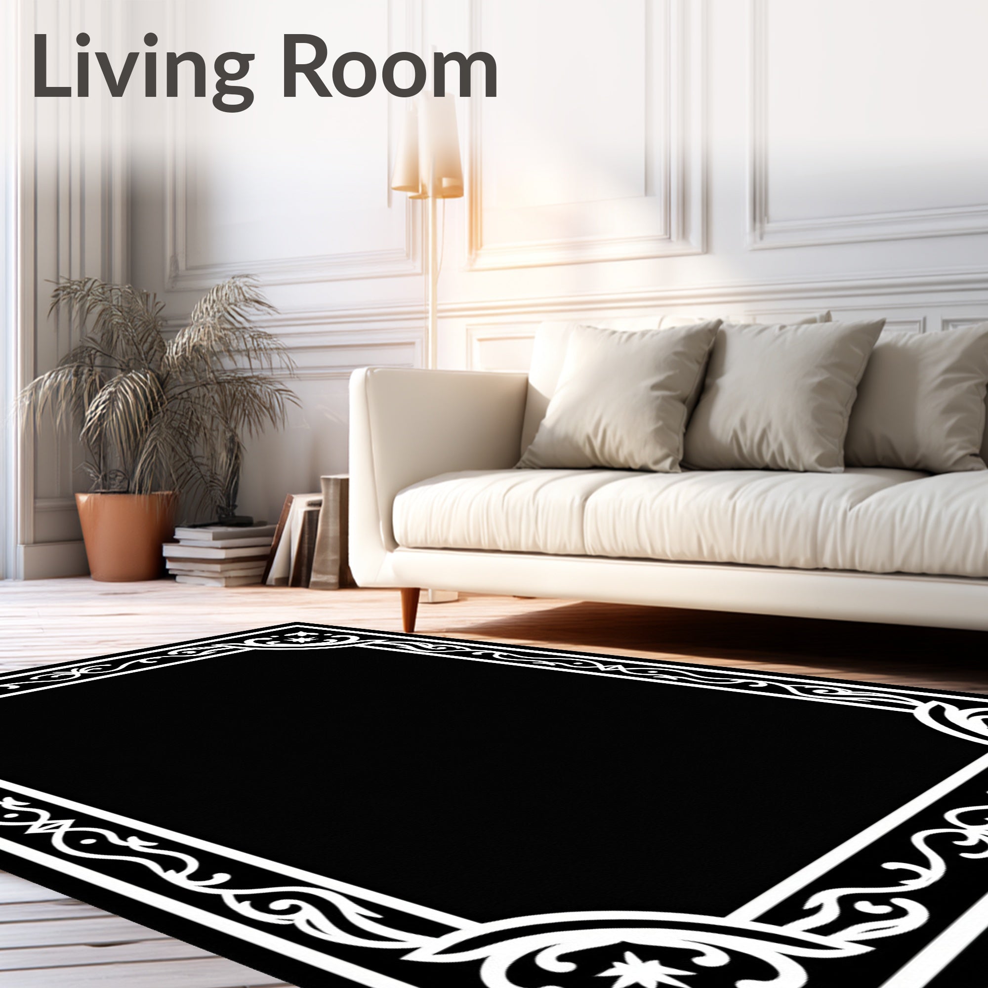Ornate Black White Floral Frame Rug