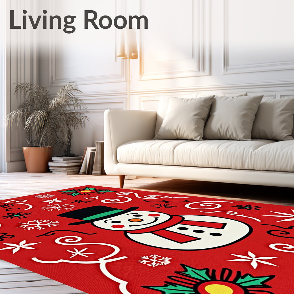 Jolly Snowman Red Holly Snowflake Rug
