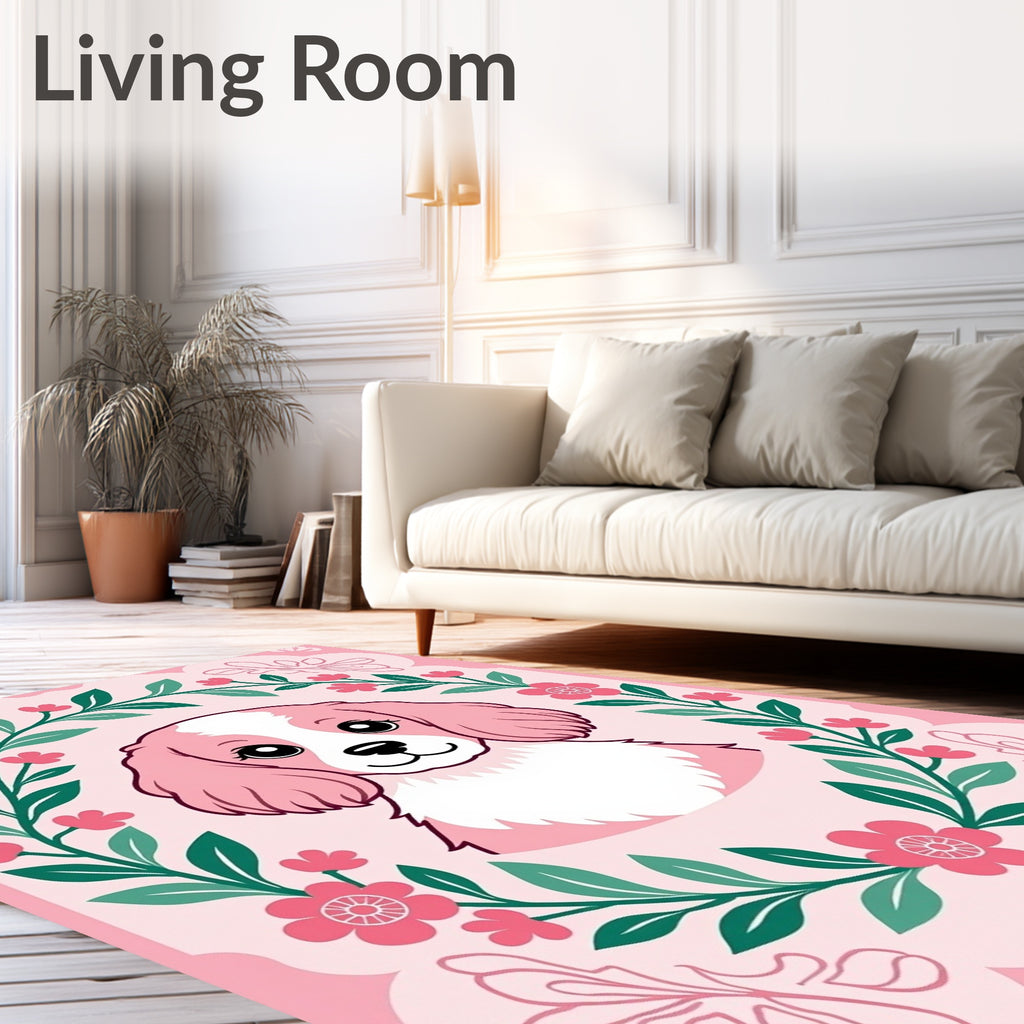 Pink Cavalier Puppy Floral Wreath Rug