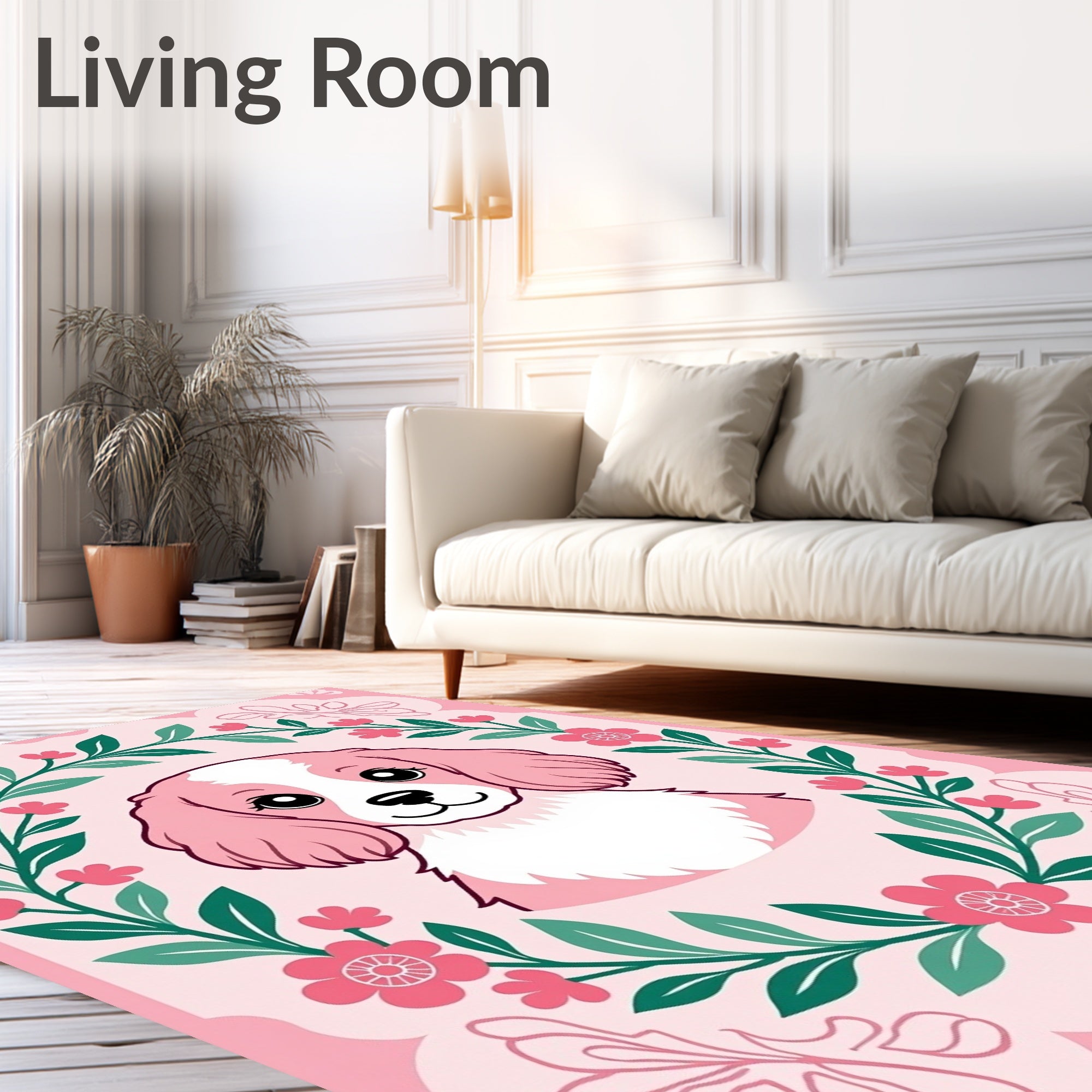 Pink Cavalier Puppy Floral Wreath Rug