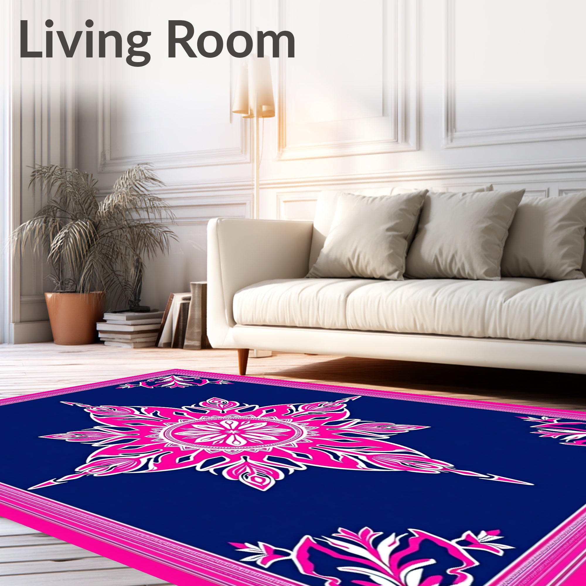 Vivid Pink Floral Starburst Navy Rug