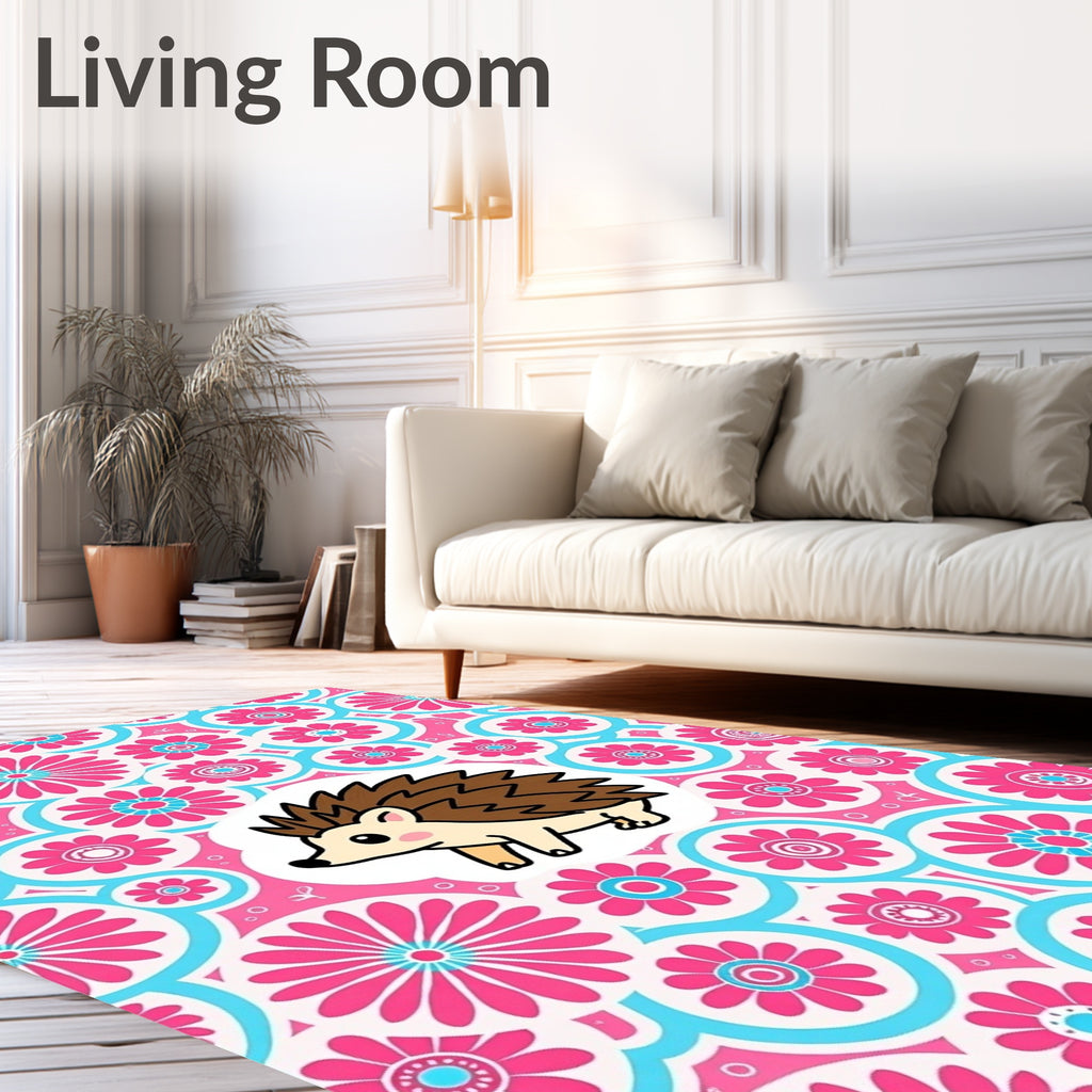 Playful Pink Blue Floral Hedgehog Rug