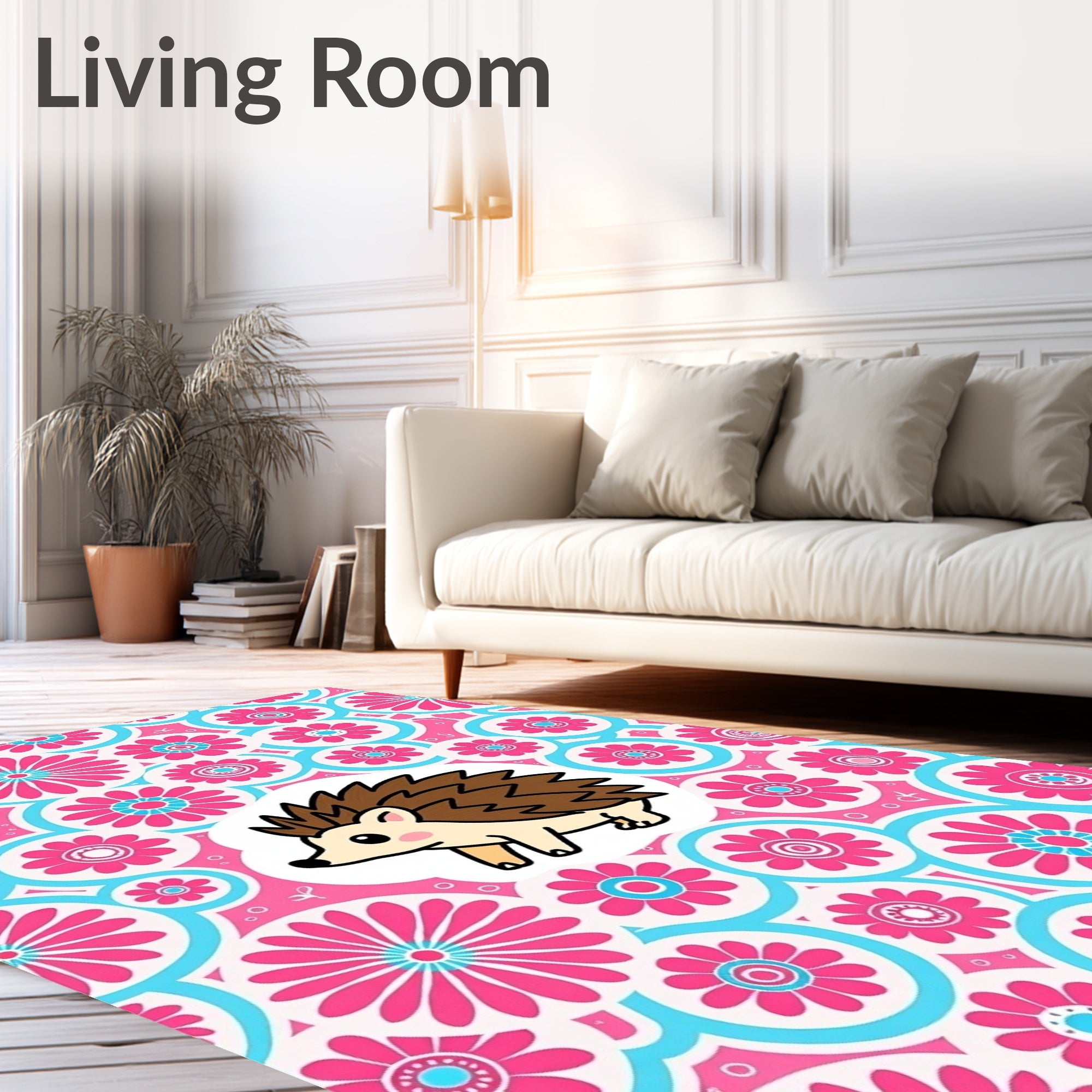Playful Pink Blue Floral Hedgehog Rug