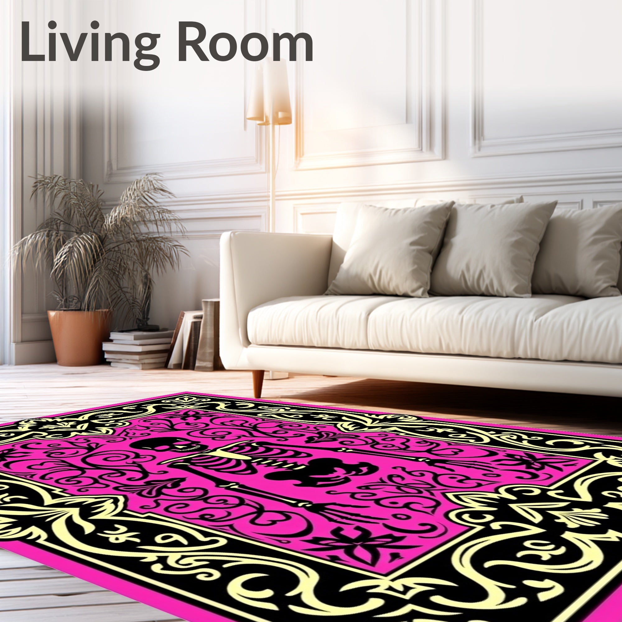 Pink Black Skeleton Floral Ornate Rug