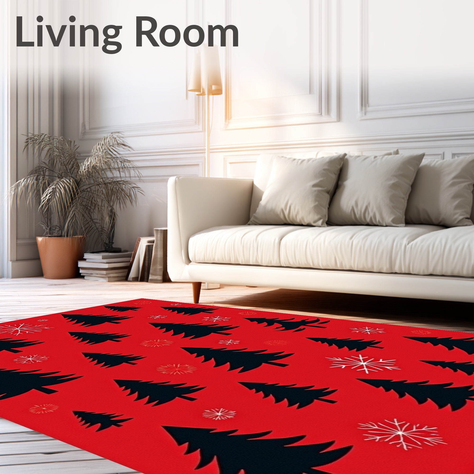 Whimsical Red Black Evergreen Snowflakes Rug