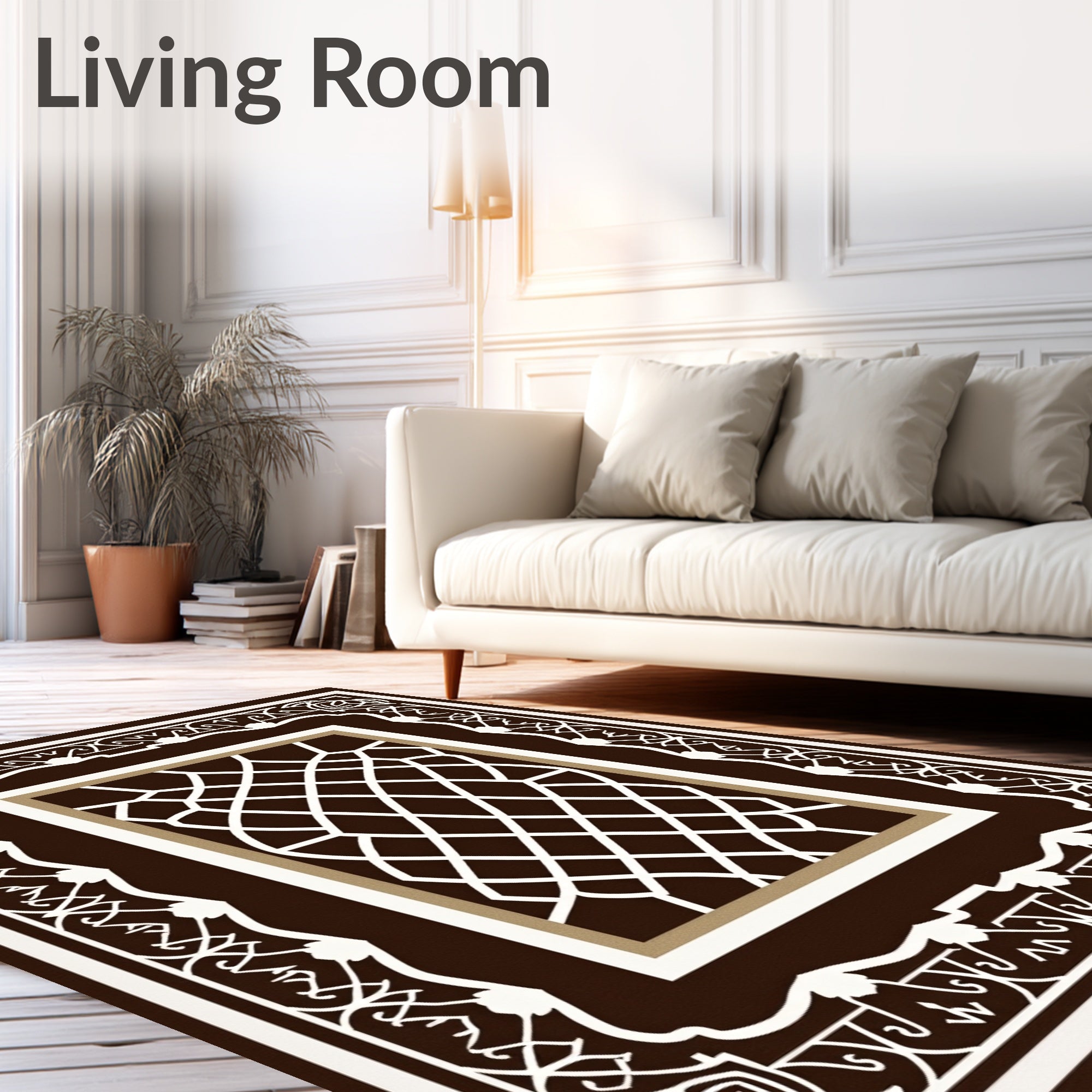 Dark Brown White Geometric Lattice Frame Rug