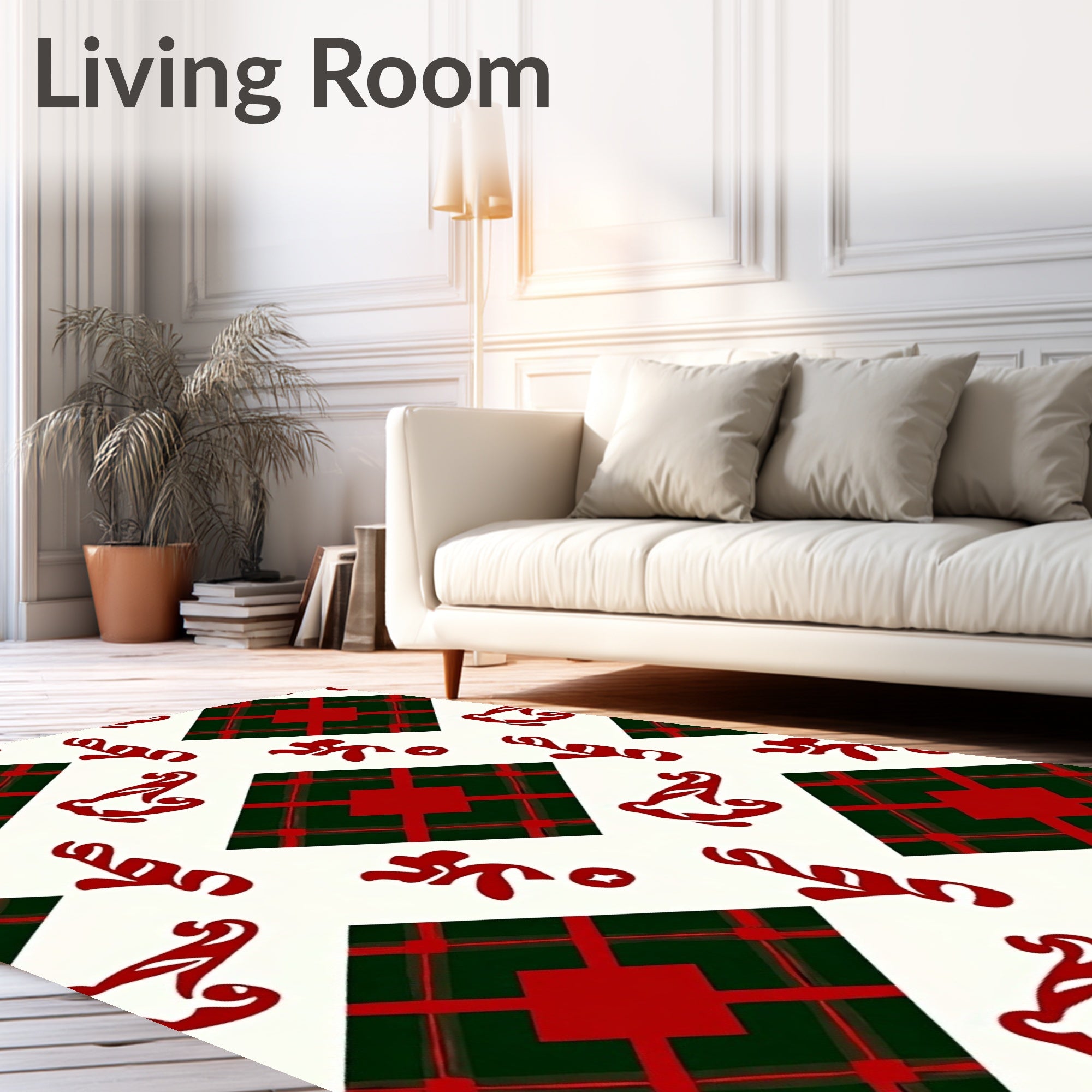 Red Green Tartan Candy Cane Motif Rug