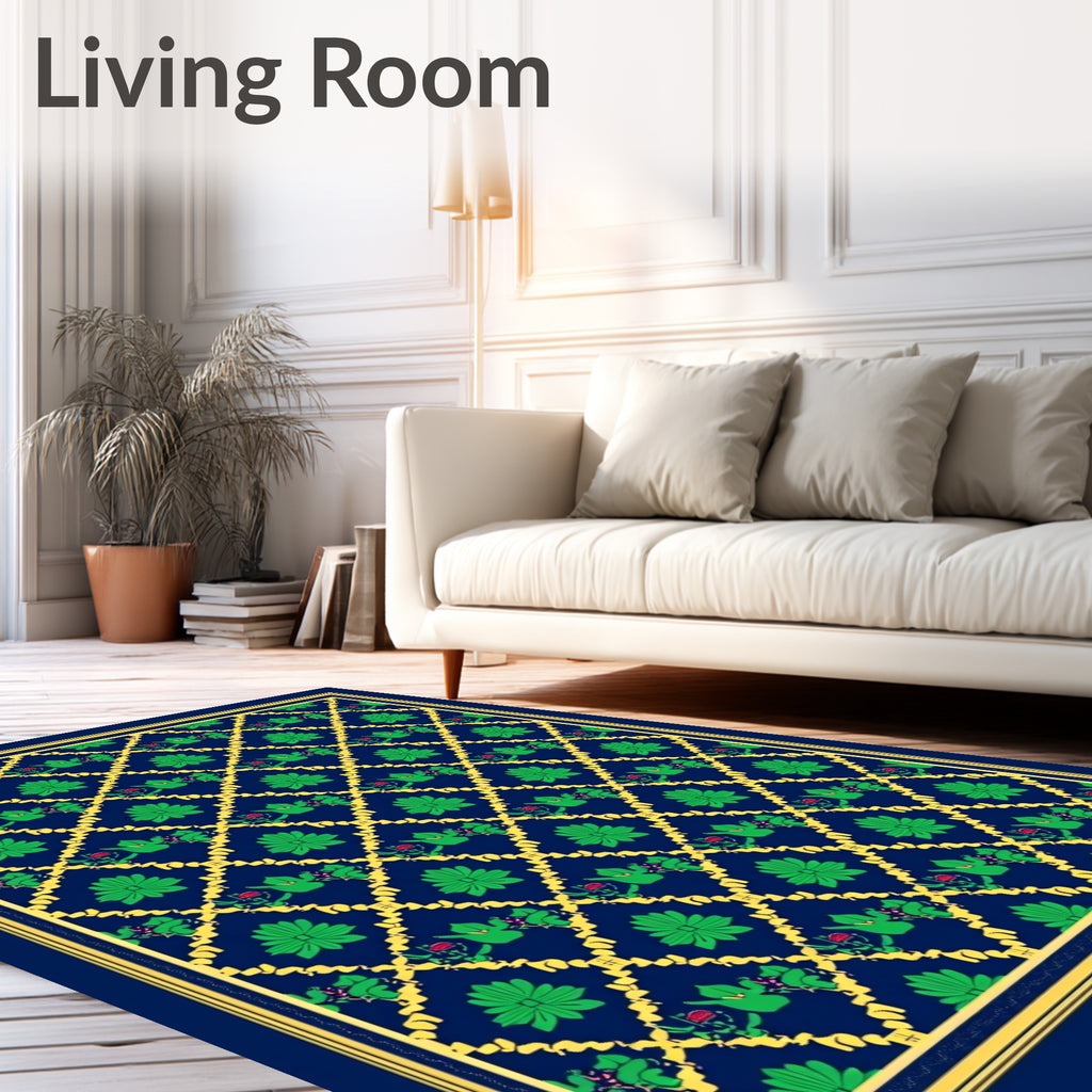 Deep Blue Lattice Green Floral Medallion Rug