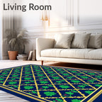 Deep Blue Lattice Green Floral Medallion Rug