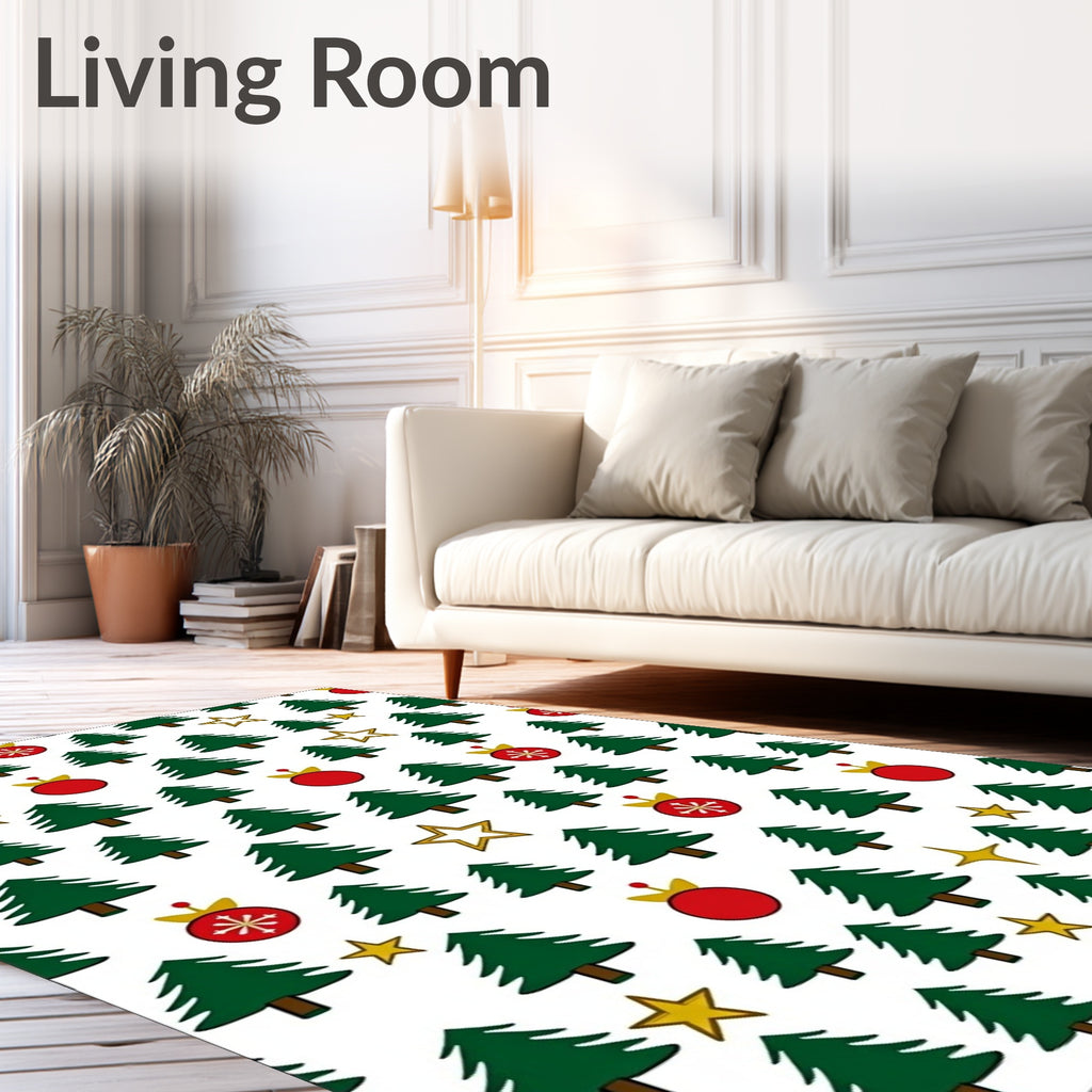 Green Christmas Trees Red Ornaments Gold Stars Rug