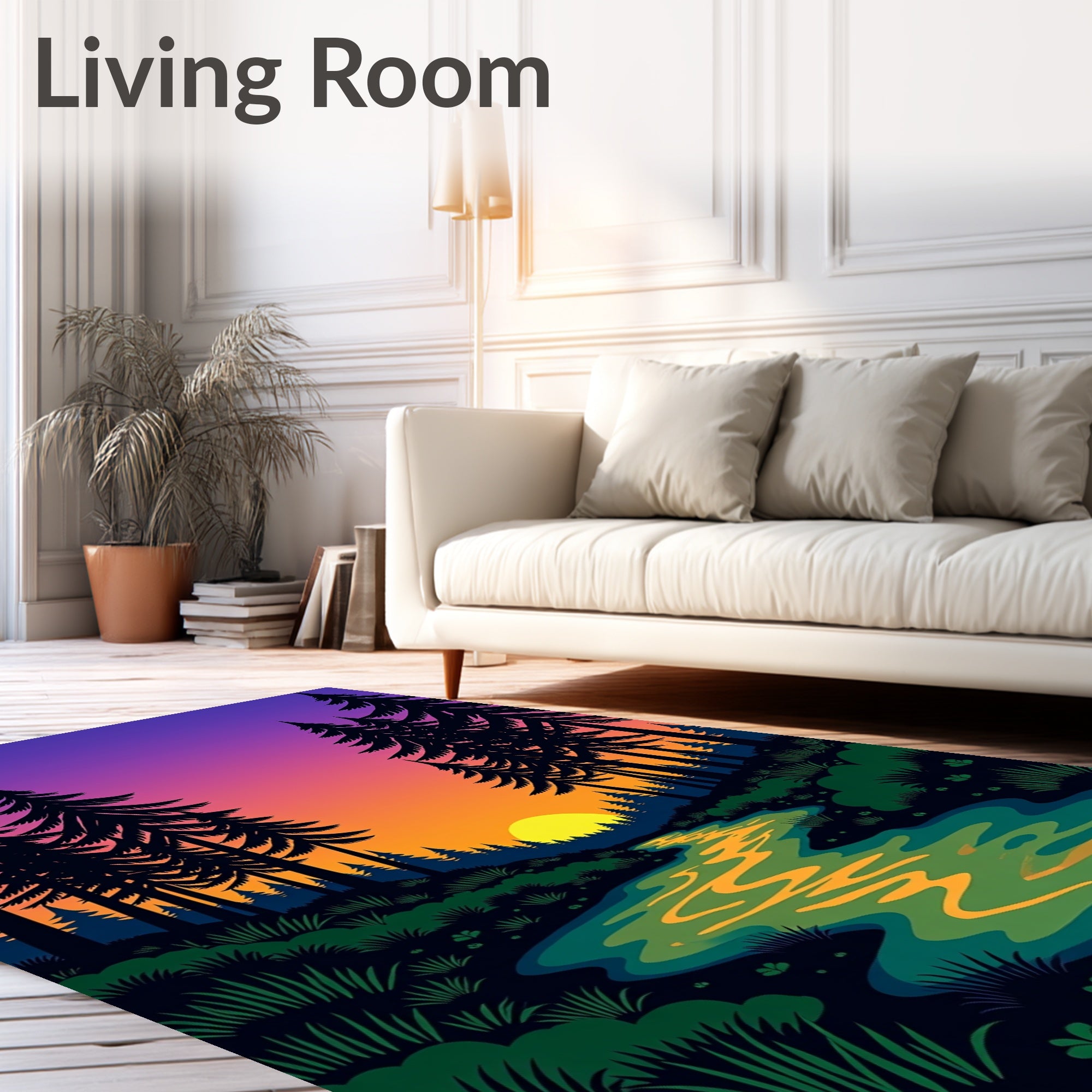 Forest Stream Under Sunset Gradient Sky Rug