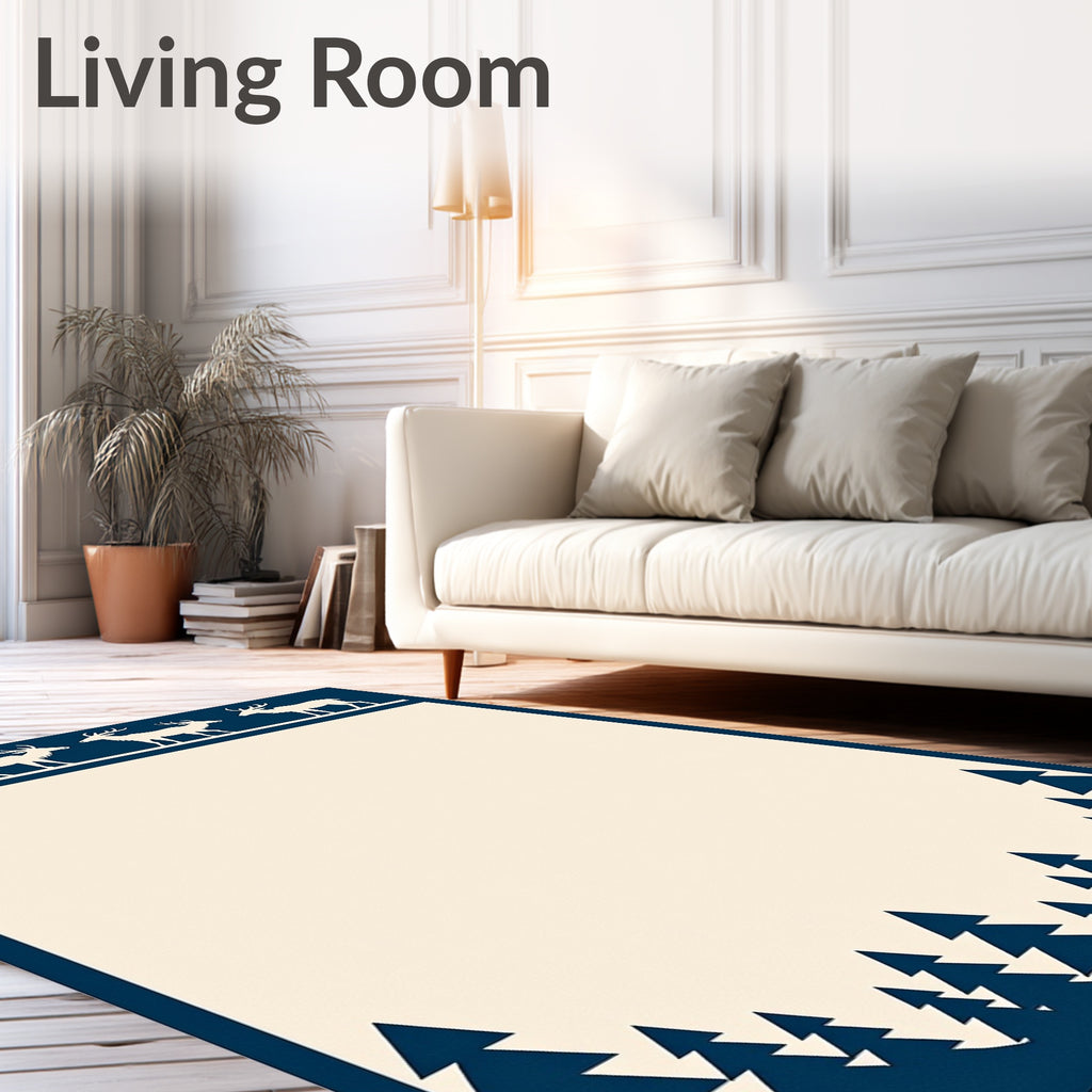 Navy Majestic Deer Pine Forest Rug