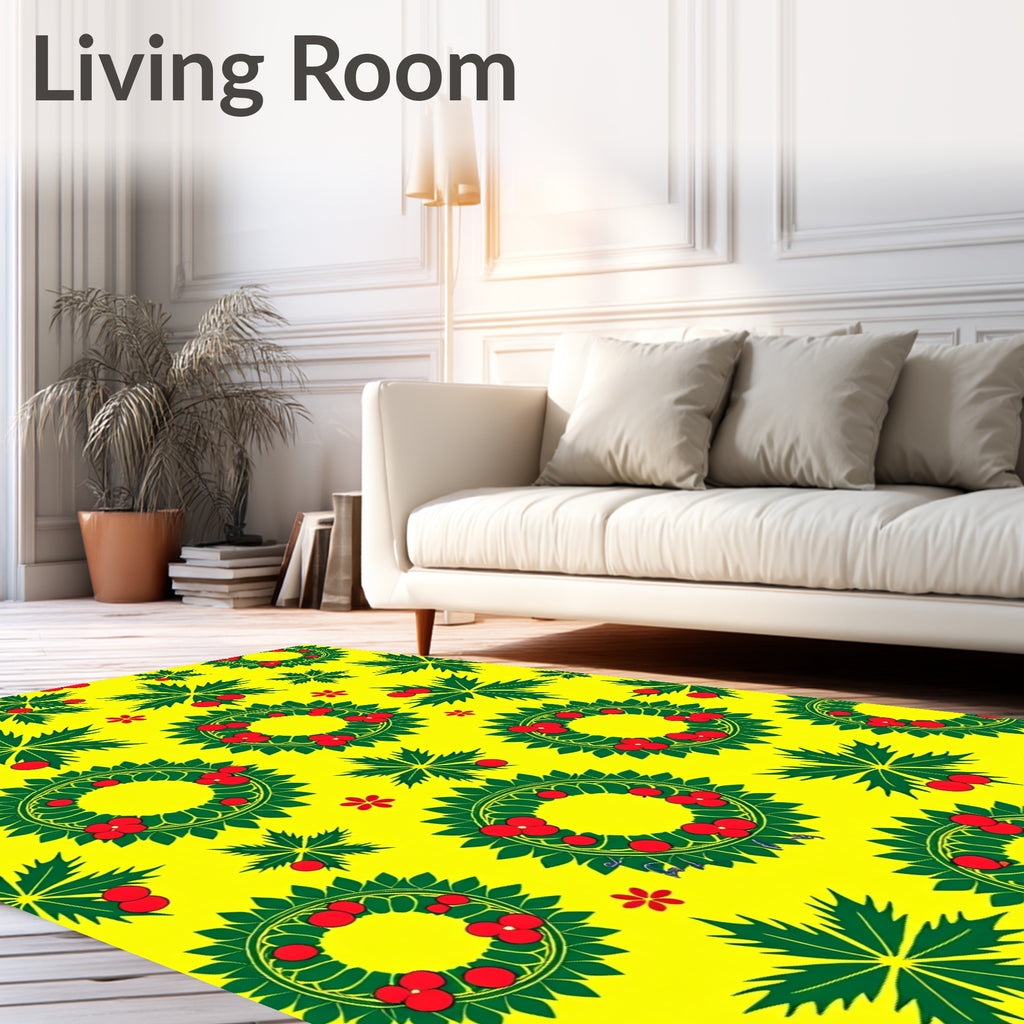 Holiday Wreath Leaf Berry Yellow Rug