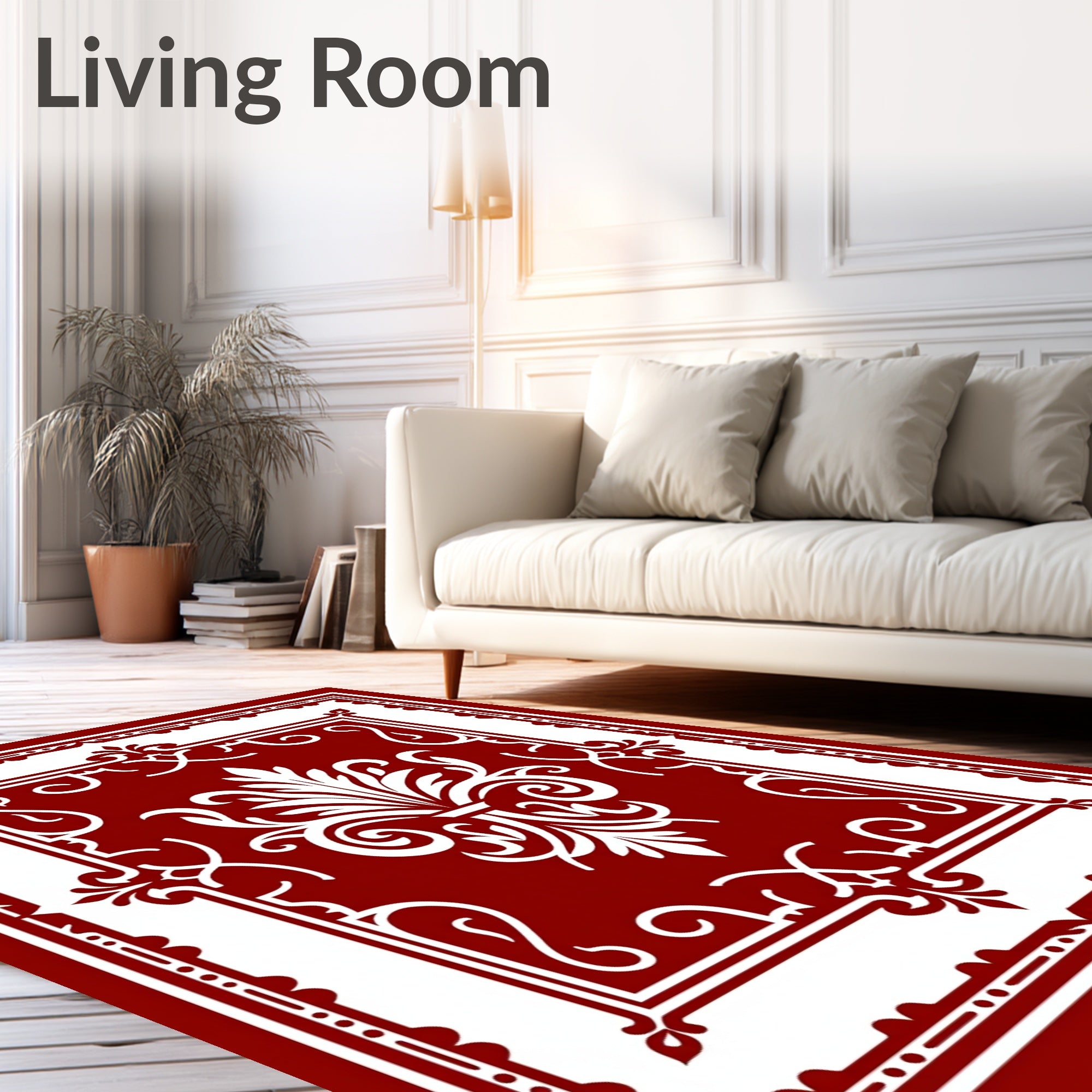 Crimson white ornate acanthus floral centerpiece Rug