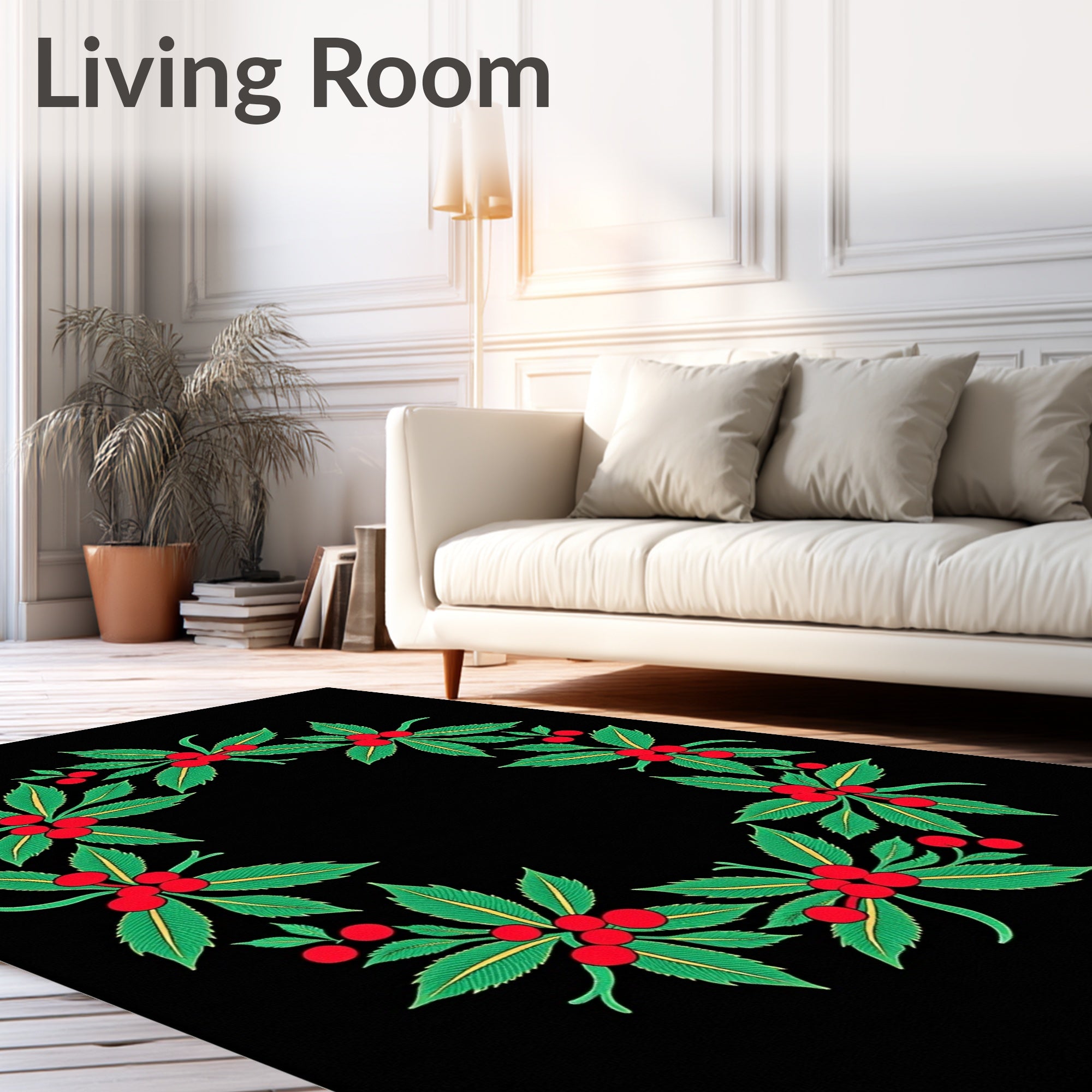 Vibrant Red Berry Leaf Wreath Rug