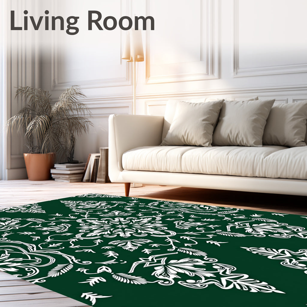 Elegant White Damask Emerald Swirl Rug