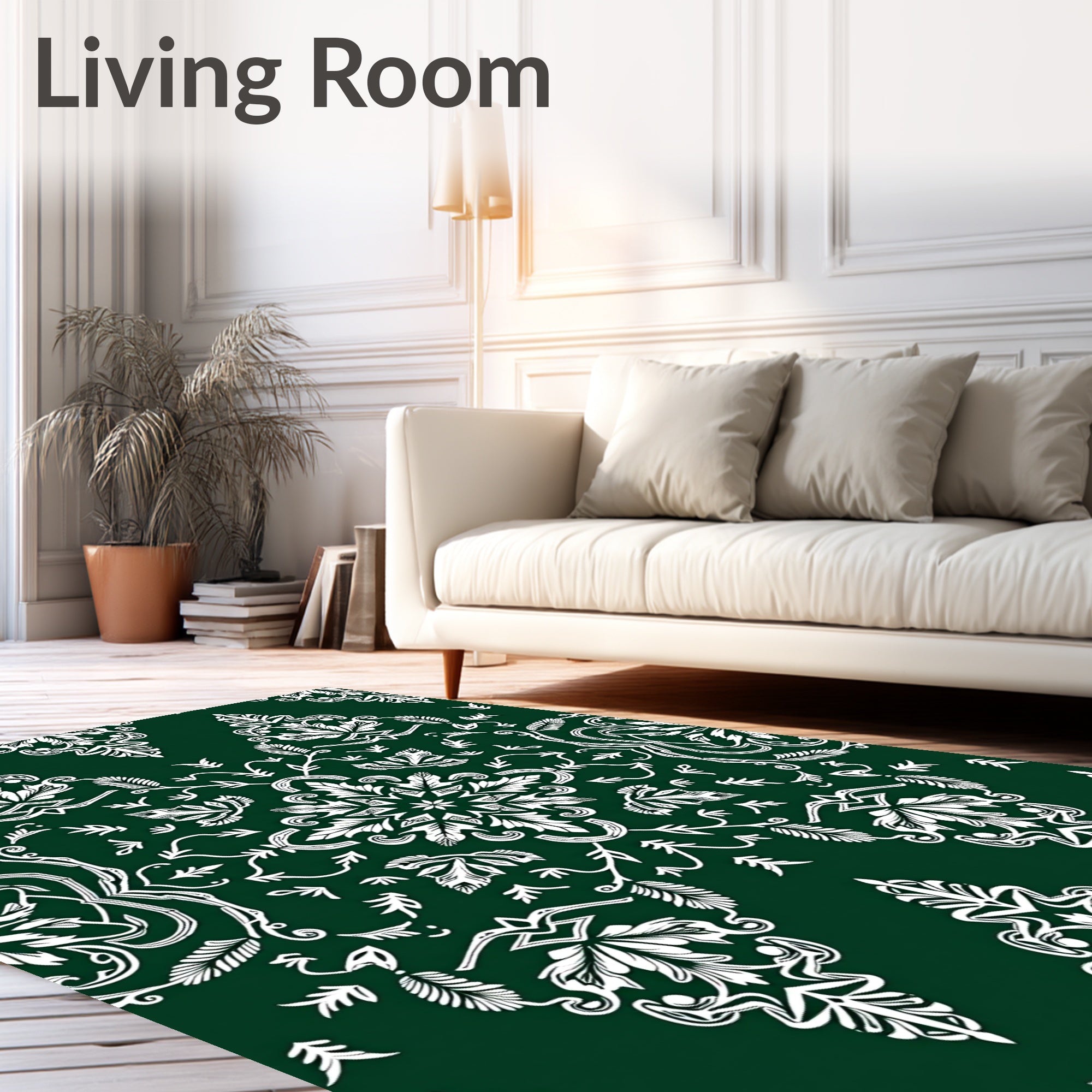 Elegant White Damask Emerald Swirl Rug
