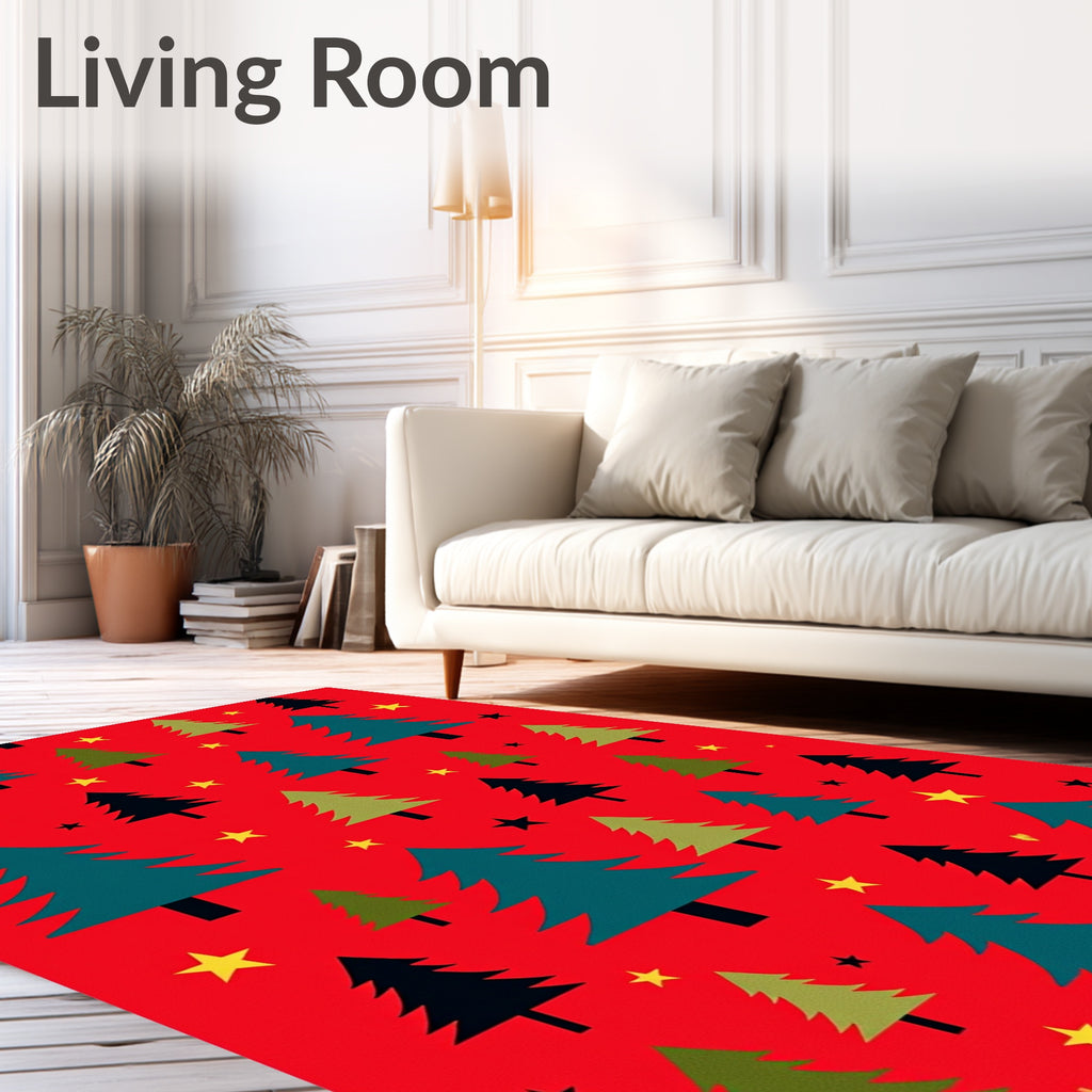 Red Forest Trees And Stars Rug