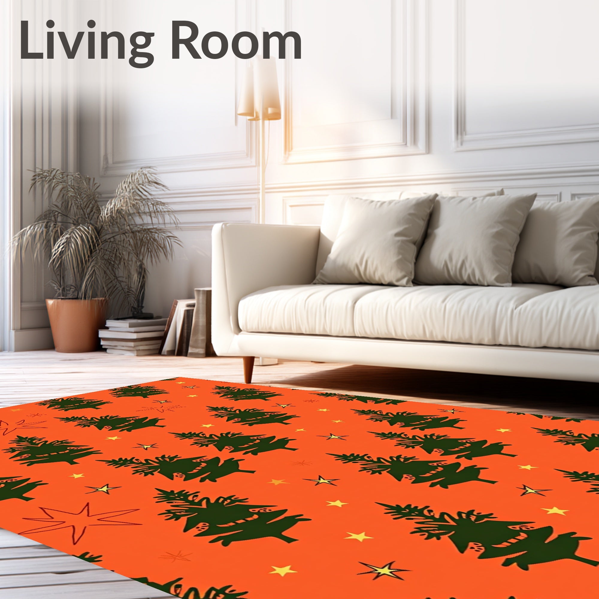 Hand Drawn Dark Green Christmas Trees Stars Rug