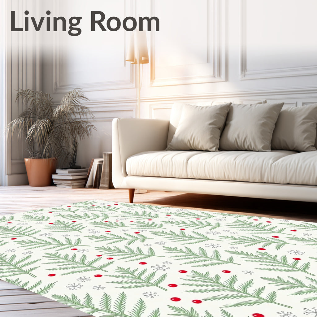 Winter Greenery Red Berry Snowflakes Rug